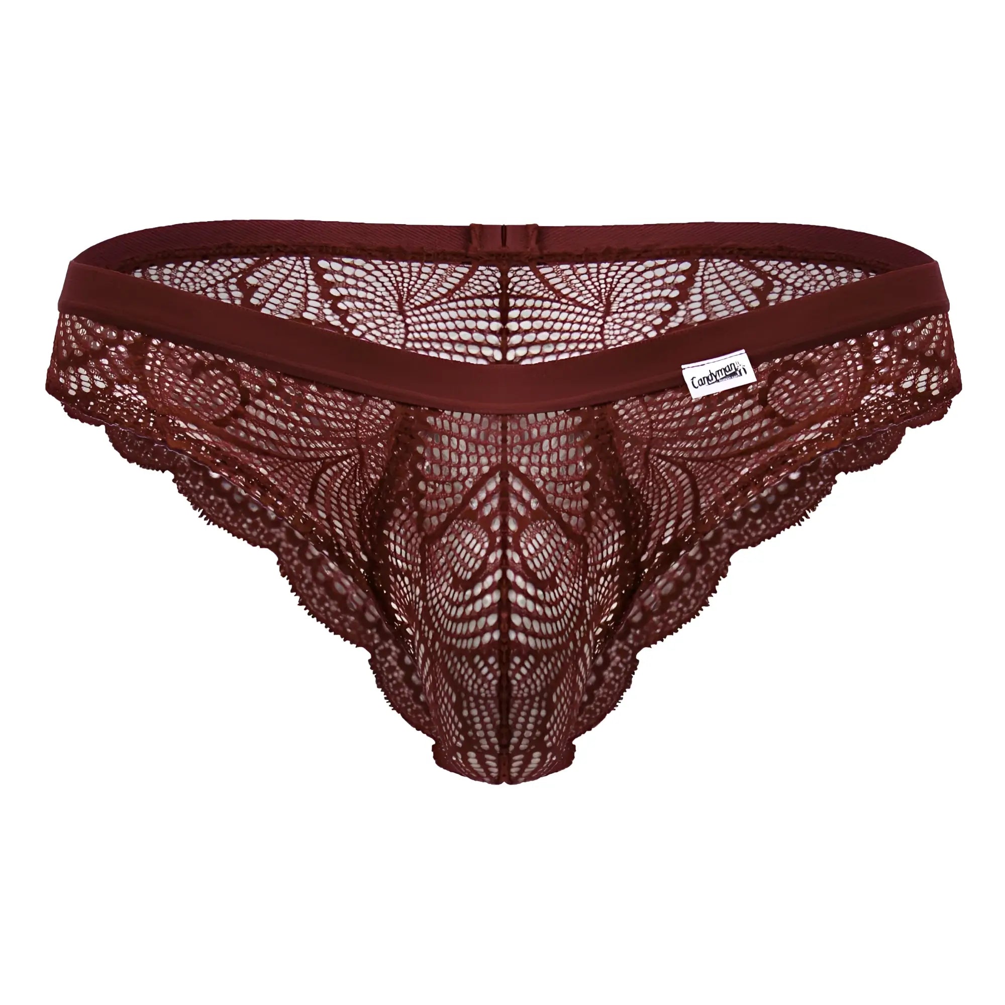 Maroon lace thong candyMan 99868 wine color with intricate floral patterns and solid elastic waistband