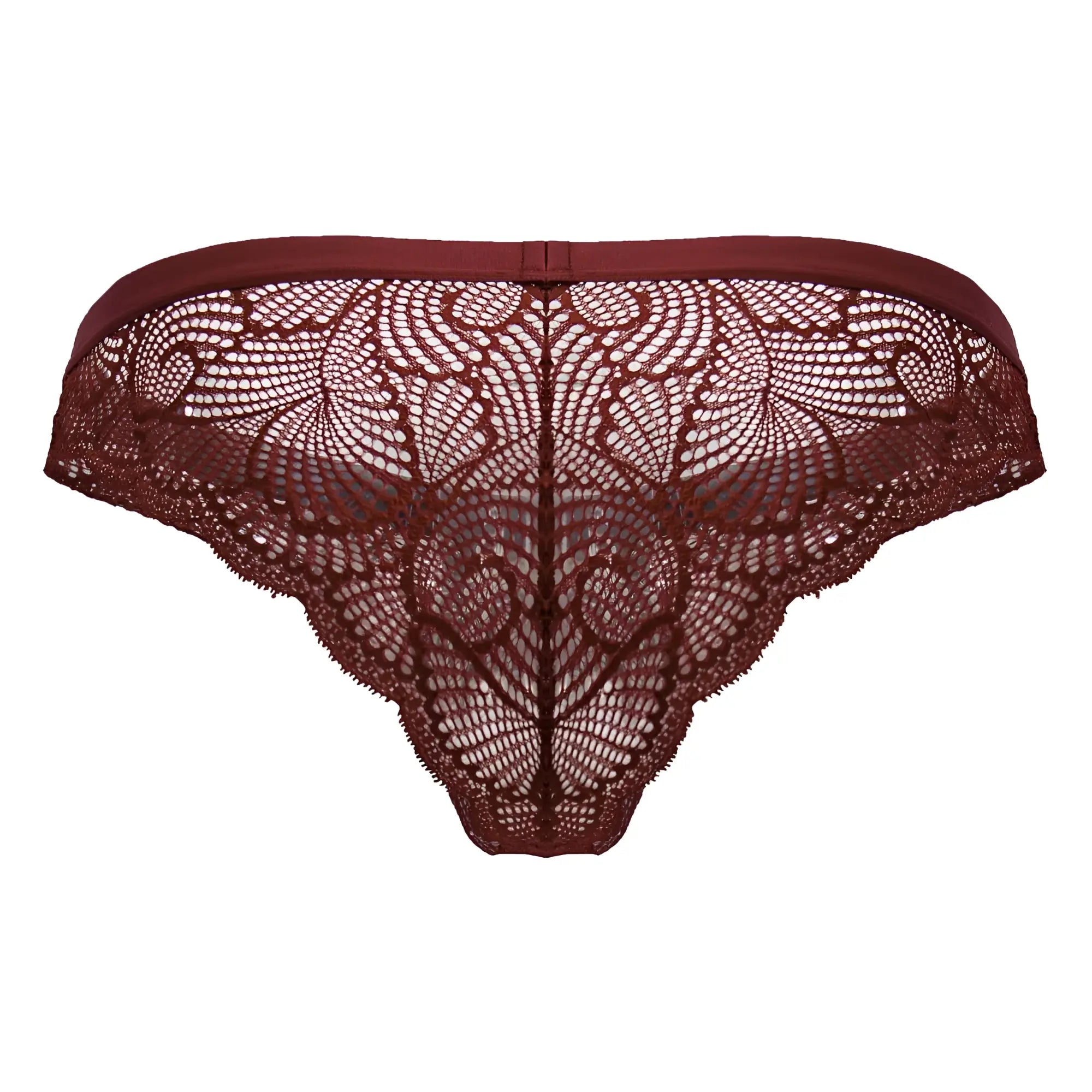 A maroon CandyMan 99868 lace thong with intricate floral patterns and a smooth elastic waistband