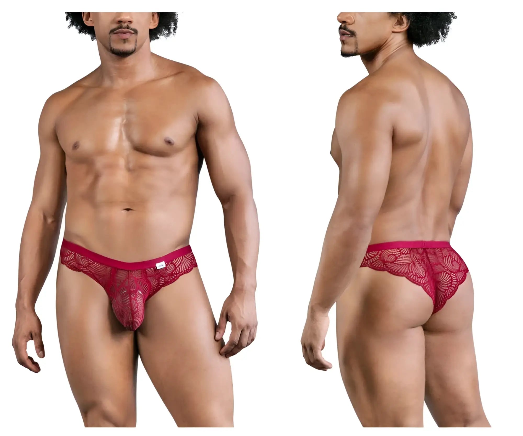 Red lace thong candy man 99868 lace briefs in wine color with intricate floral pattern visible from front side