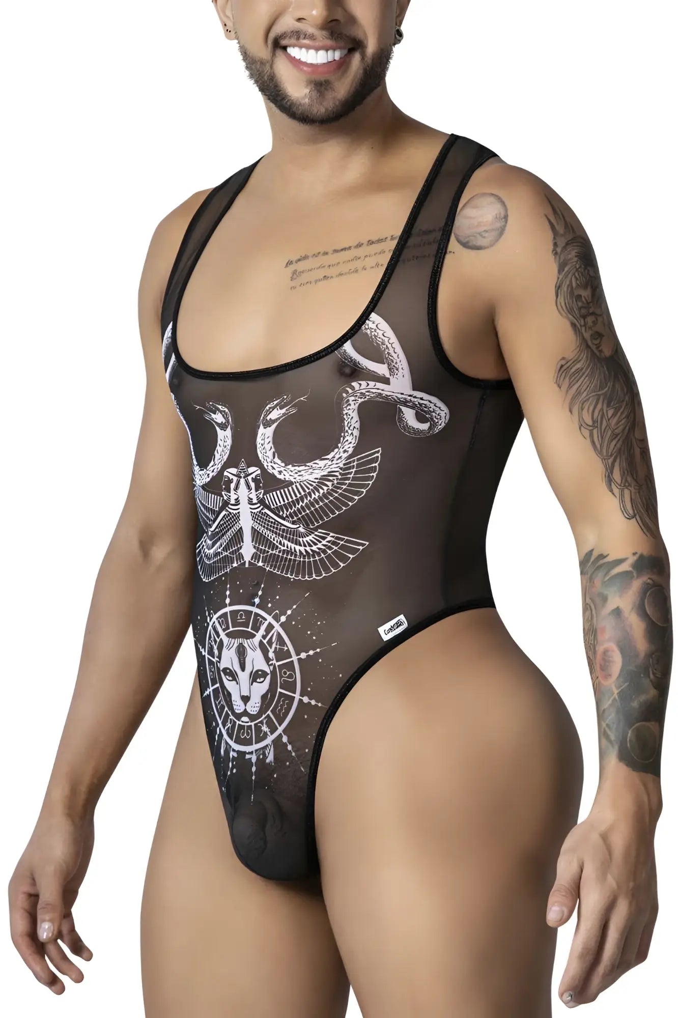 Black sheer CandyMan 99869 Egyptian bodysuit with white intricate moth and animal face graphic design