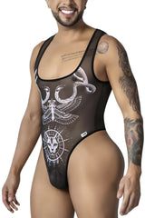 Black sheer CandyMan 99869 Egyptian bodysuit with white intricate moth and animal face graphic design