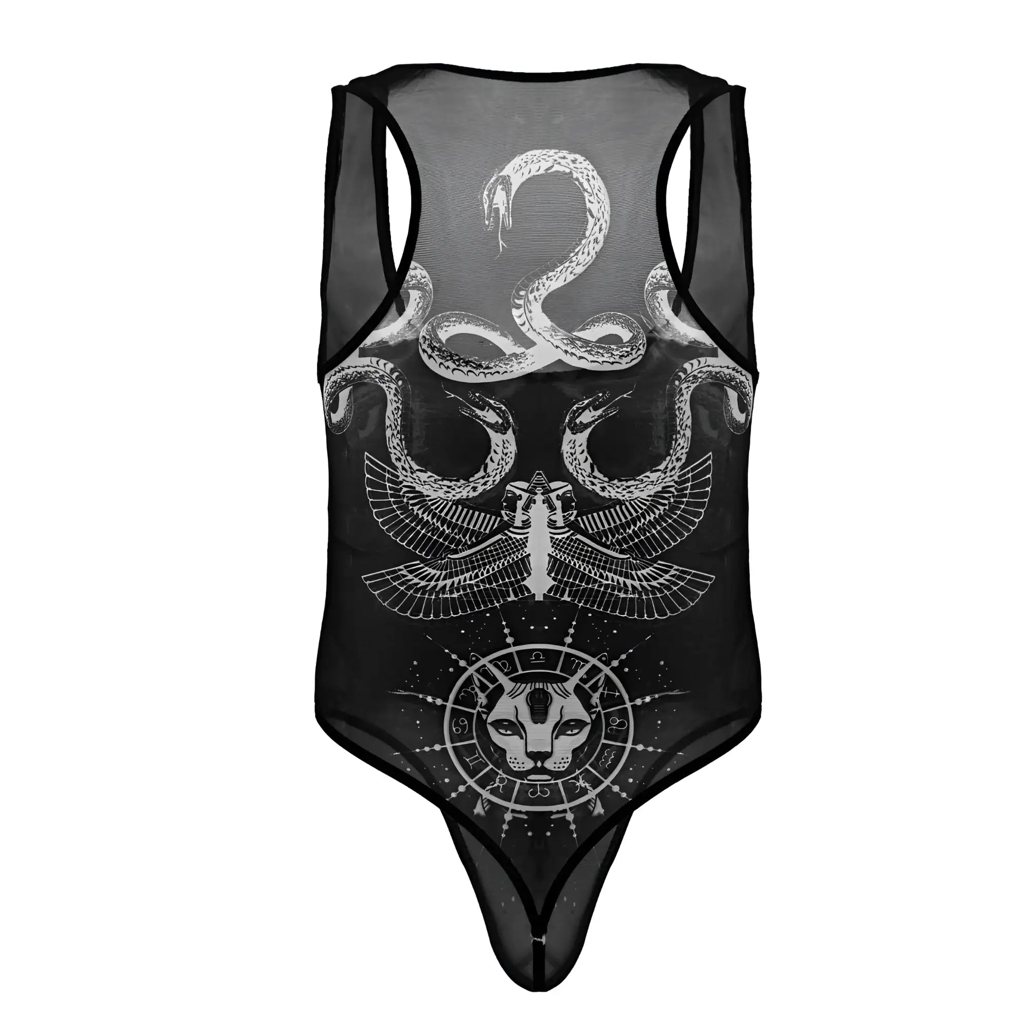 Black sheer mesh one-piece bodysuit with intricate white graphic of snakes winged figure and feline head by Candyman