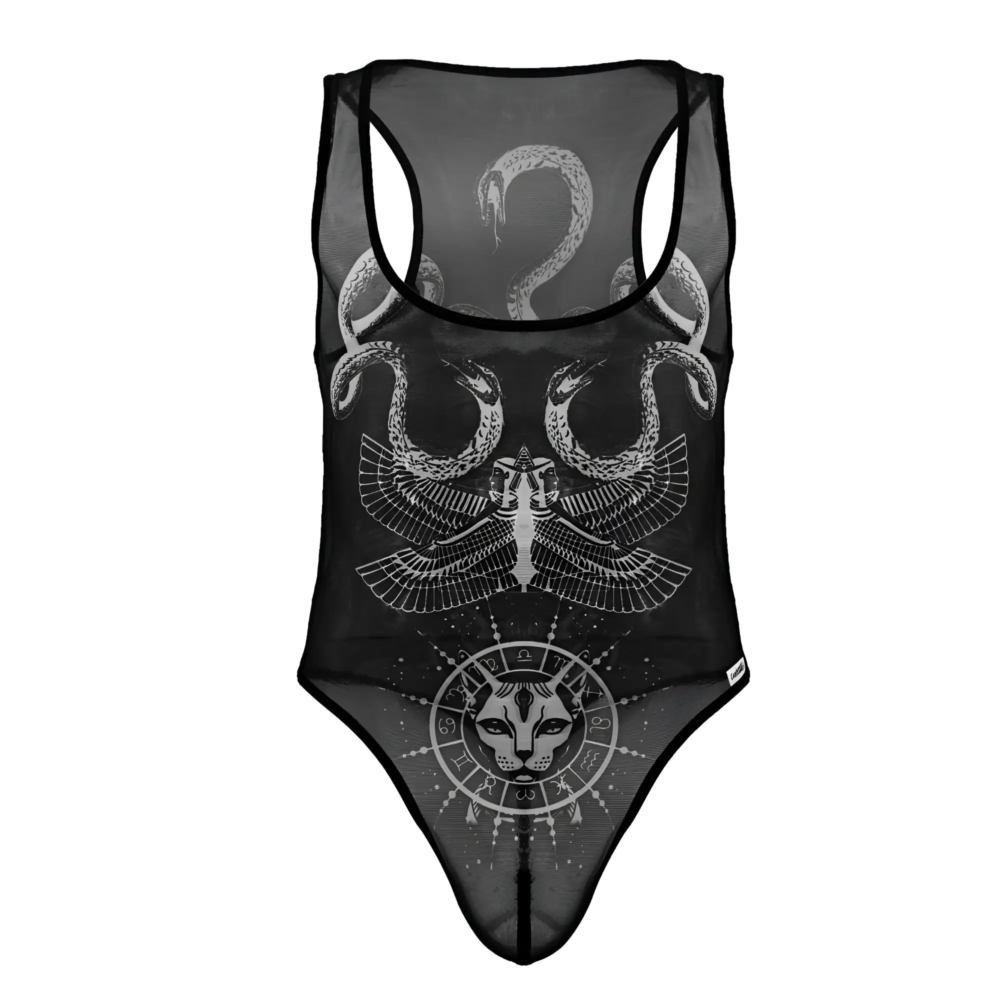 Black sheer mesh one-piece bodysuit featuring white line art of snakes and an ornate winged figure above a cat-faced zodiac symbol