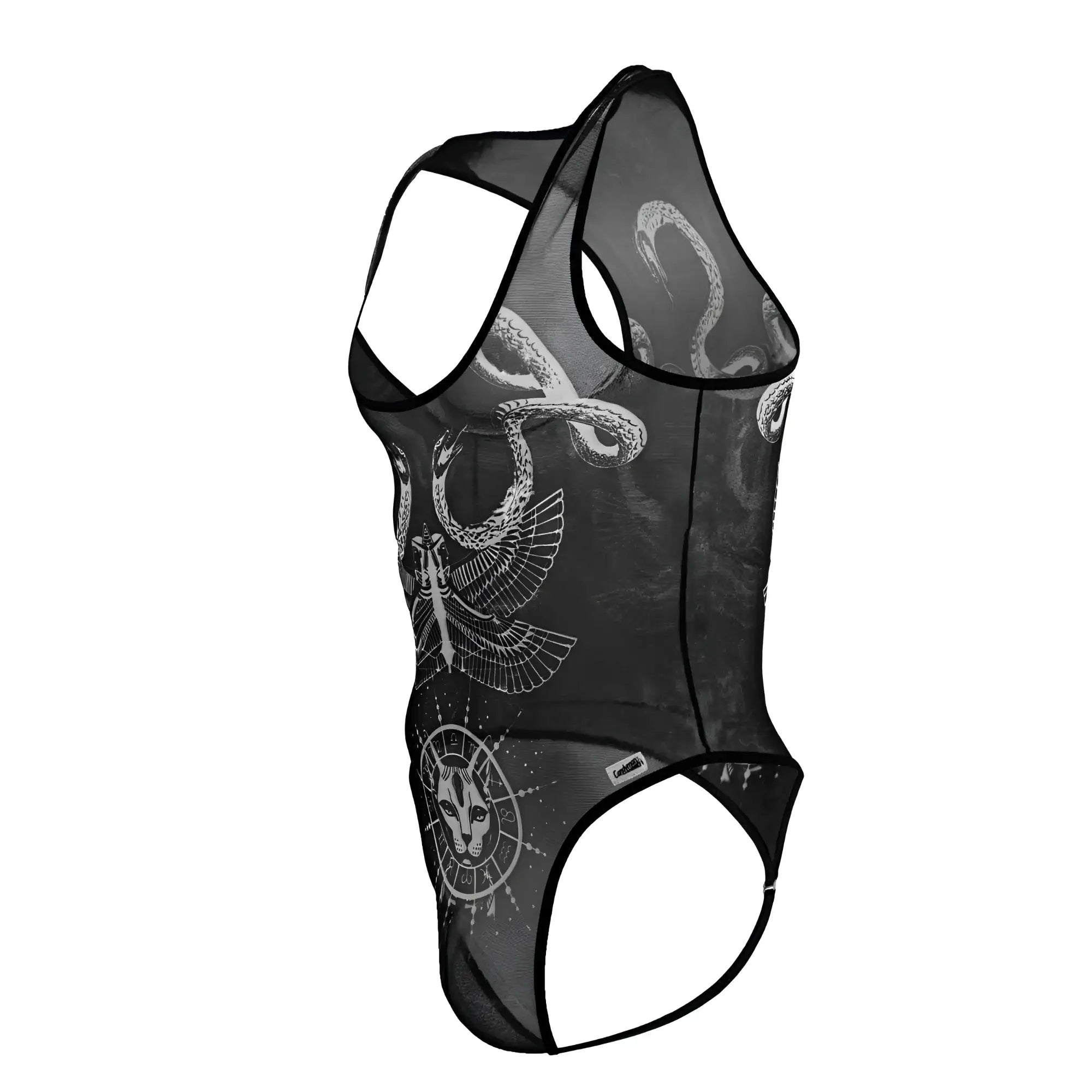 Black sheer mesh tank top candyMan 99869 featuring white line art of snakes eagle and feline face in circular design