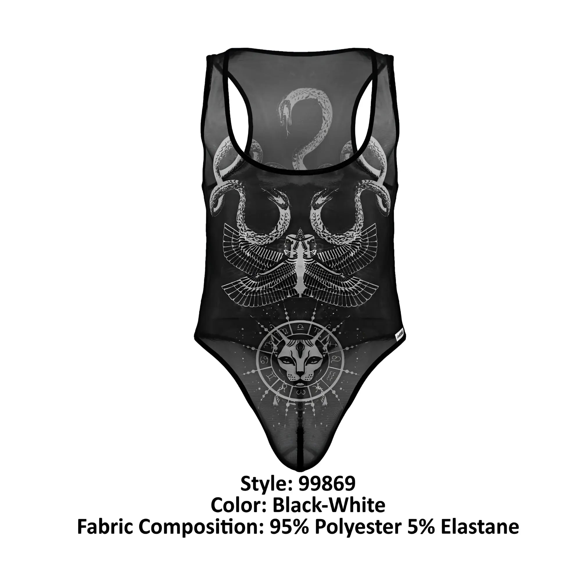 Black sheer one-piece CandyMan 99869 Egyptian bodysuit with white snake eagle and cat face designs