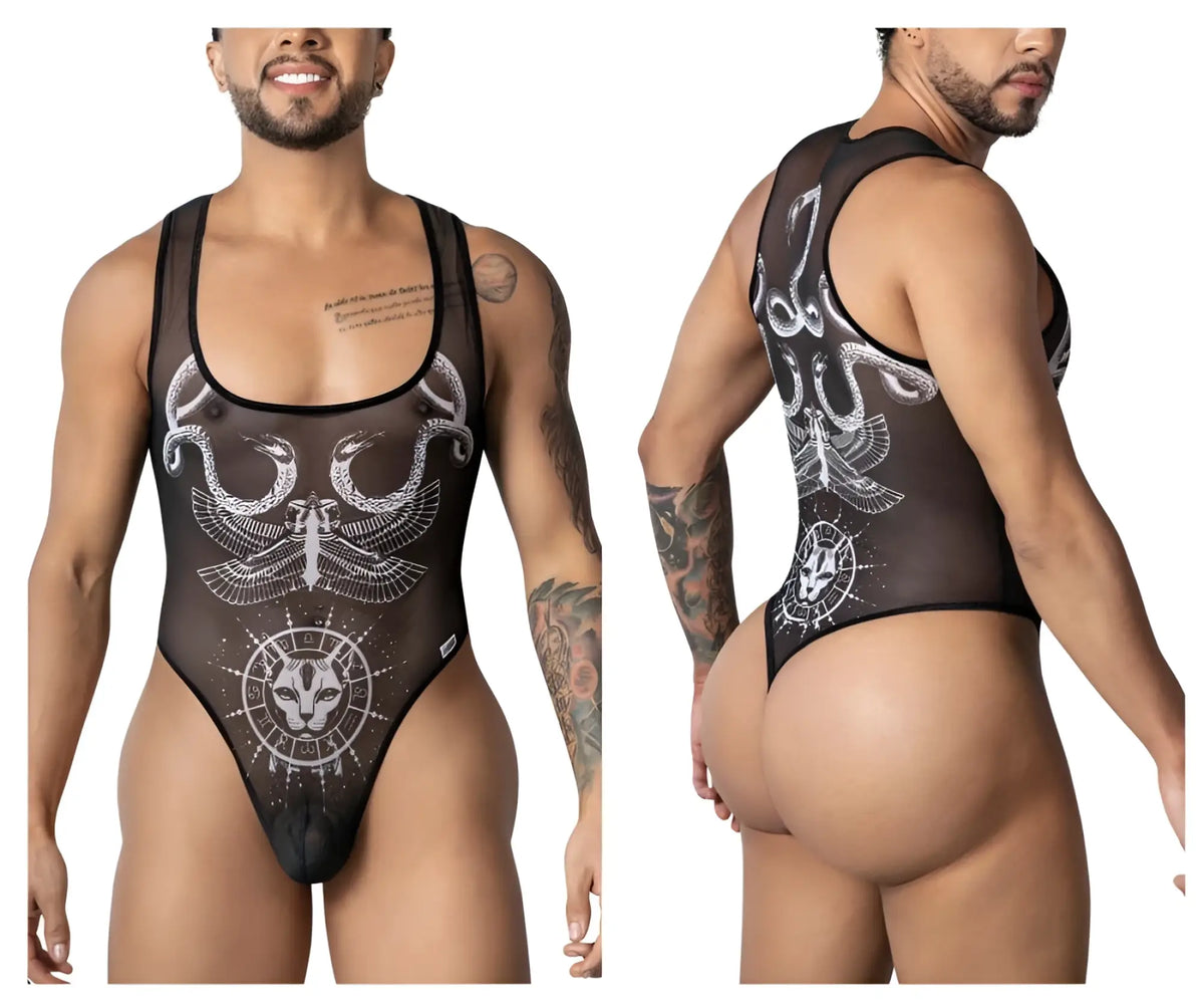 Black sheer CandyMan 99869 Egyptian bodysuit with white winged serpent and cat zodiac designs
