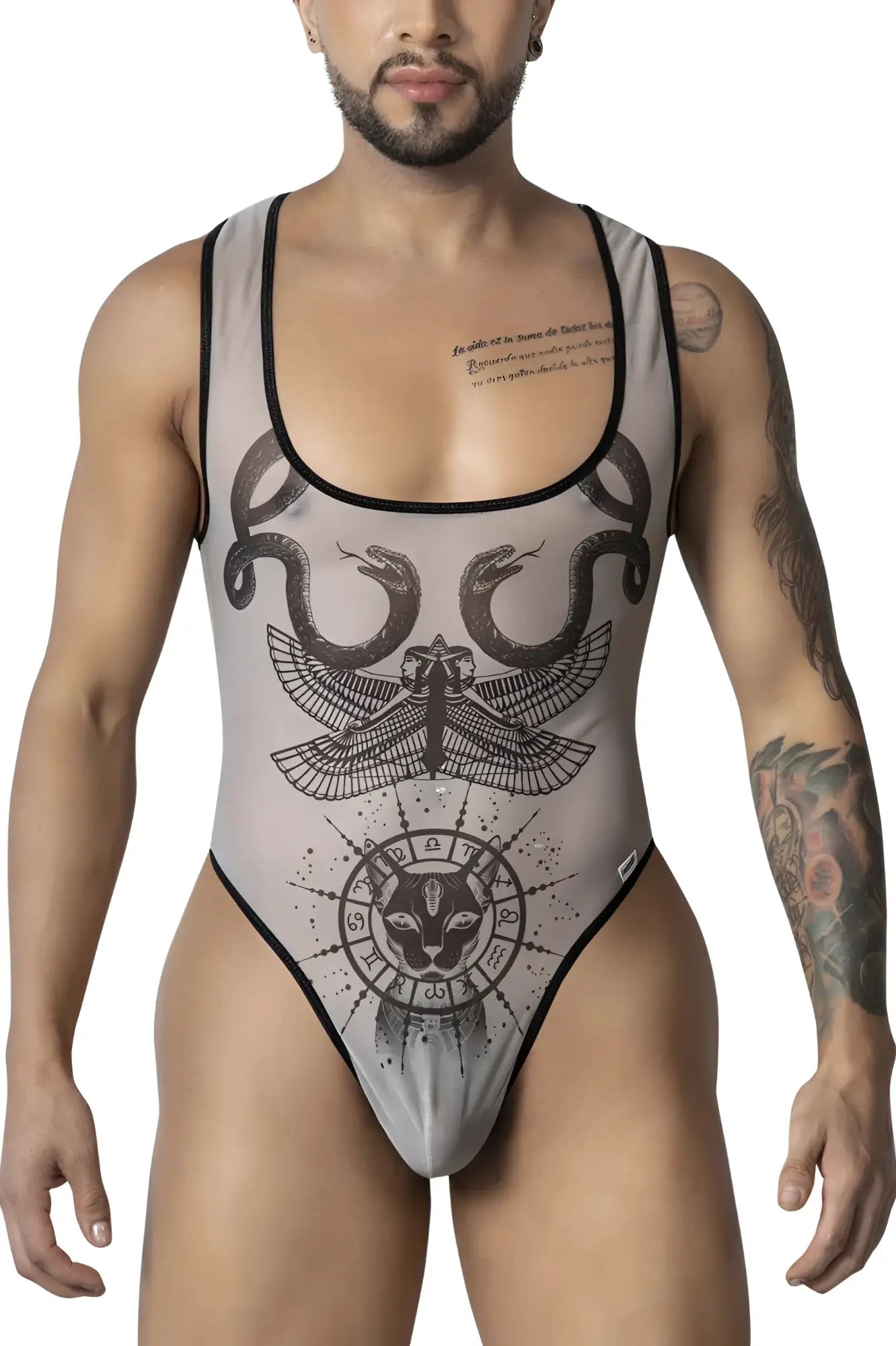 Gray mesh one-piece candyMan 99869 bodysuit with black inked egyptian zodiac and mythological creature design in nude-black