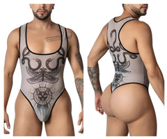 Gray mesh one-piece bodysuit with black inked serpent winged beetle and zodiac cat designs candyMan 99869 color nude-black