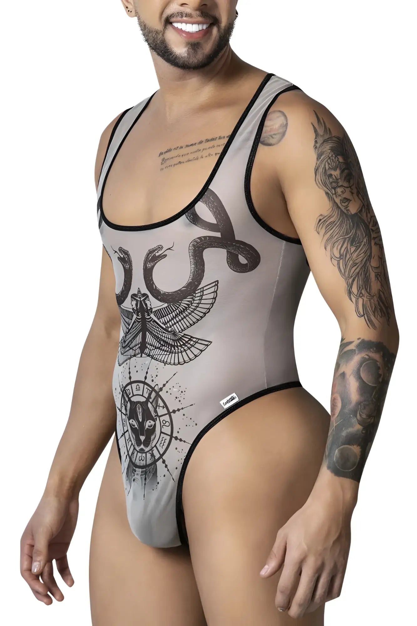 Gray mesh candyMan 99869 Egyptian bodysuit with black trim and intricate moth snakes animal head design in nude-black