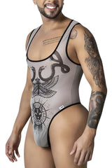 Gray mesh candyMan 99869 Egyptian bodysuit with black trim and intricate moth snakes animal head design in nude-black