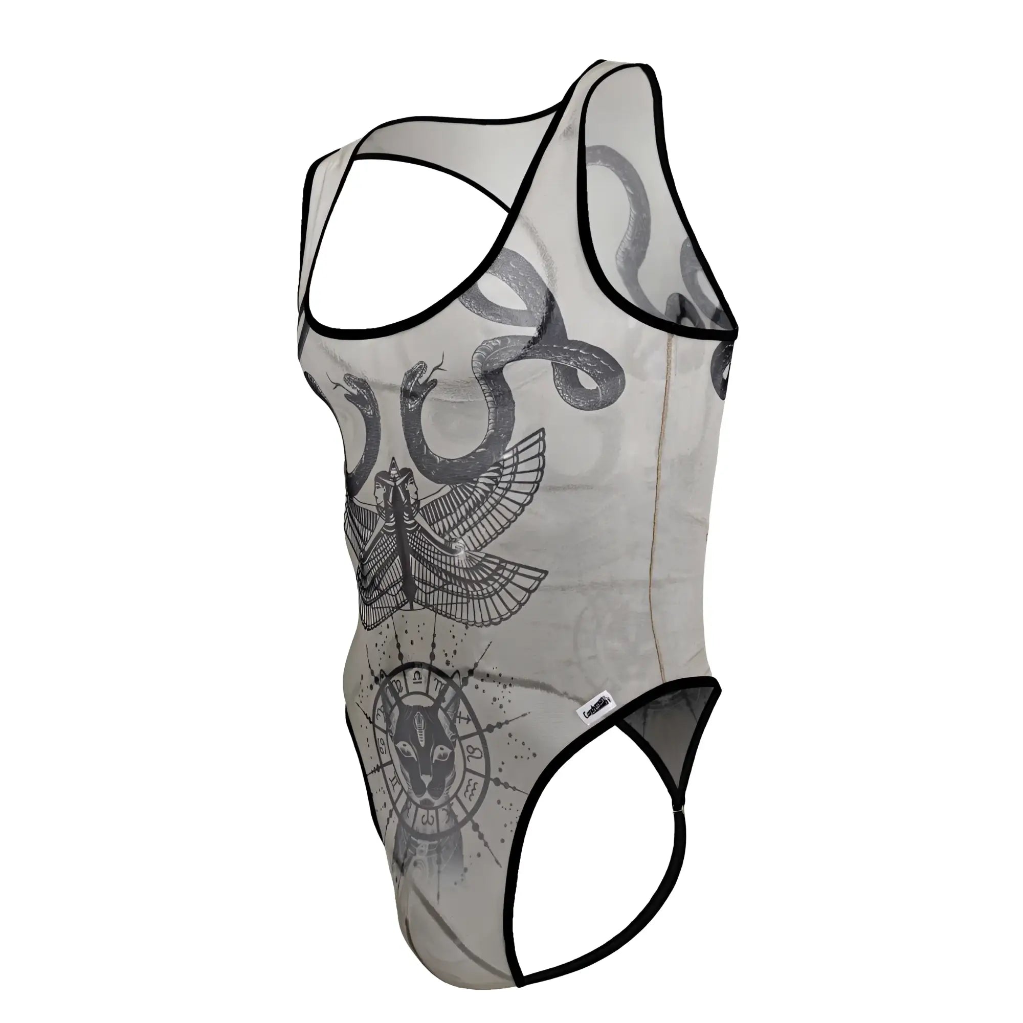 Sheer gray mesh tank top with black trim and detailed snake eagle and cat face zodiac print candyMan 99869 bodysuit