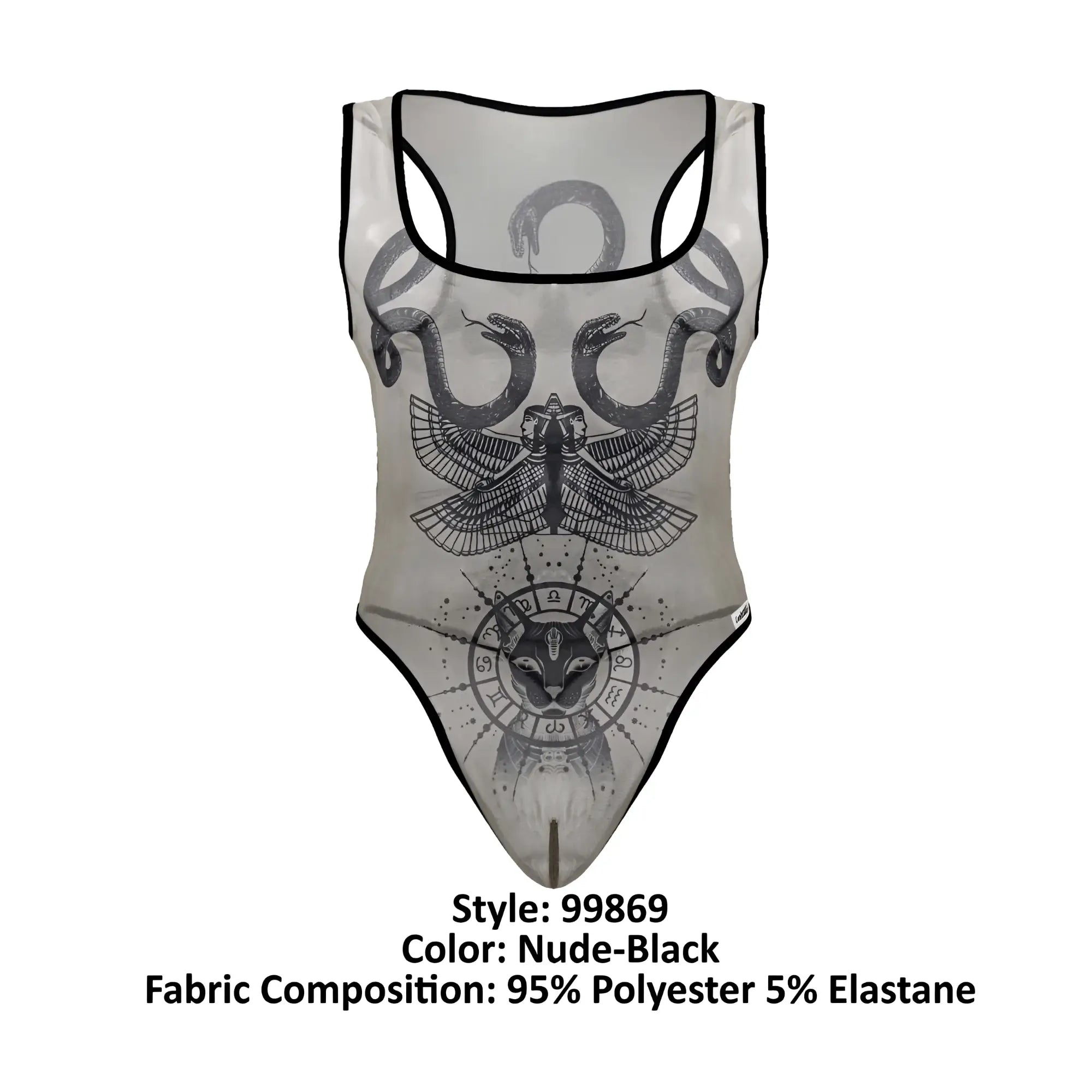 Sheer nude-black CandyMan 99869 Egyptian bodysuit with intricate snake eagle and zodiac cat graphic designs