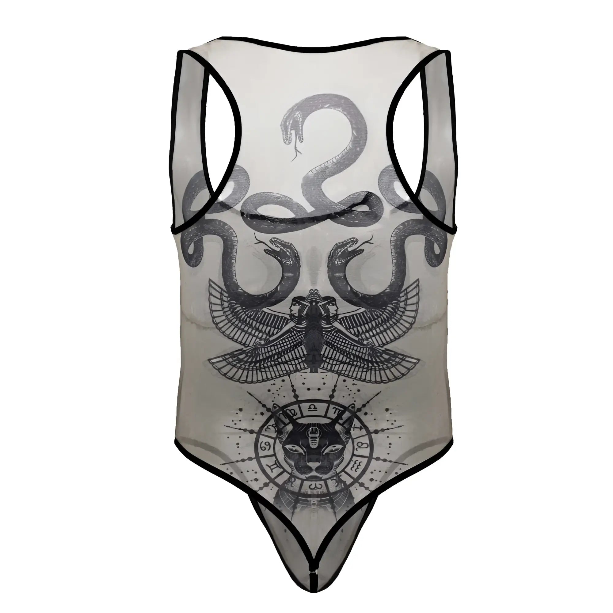 A sheer nude-black candy man 99869 egyptian bodysuit with black trim featuring snakes winged figure and zodiac cat emblem