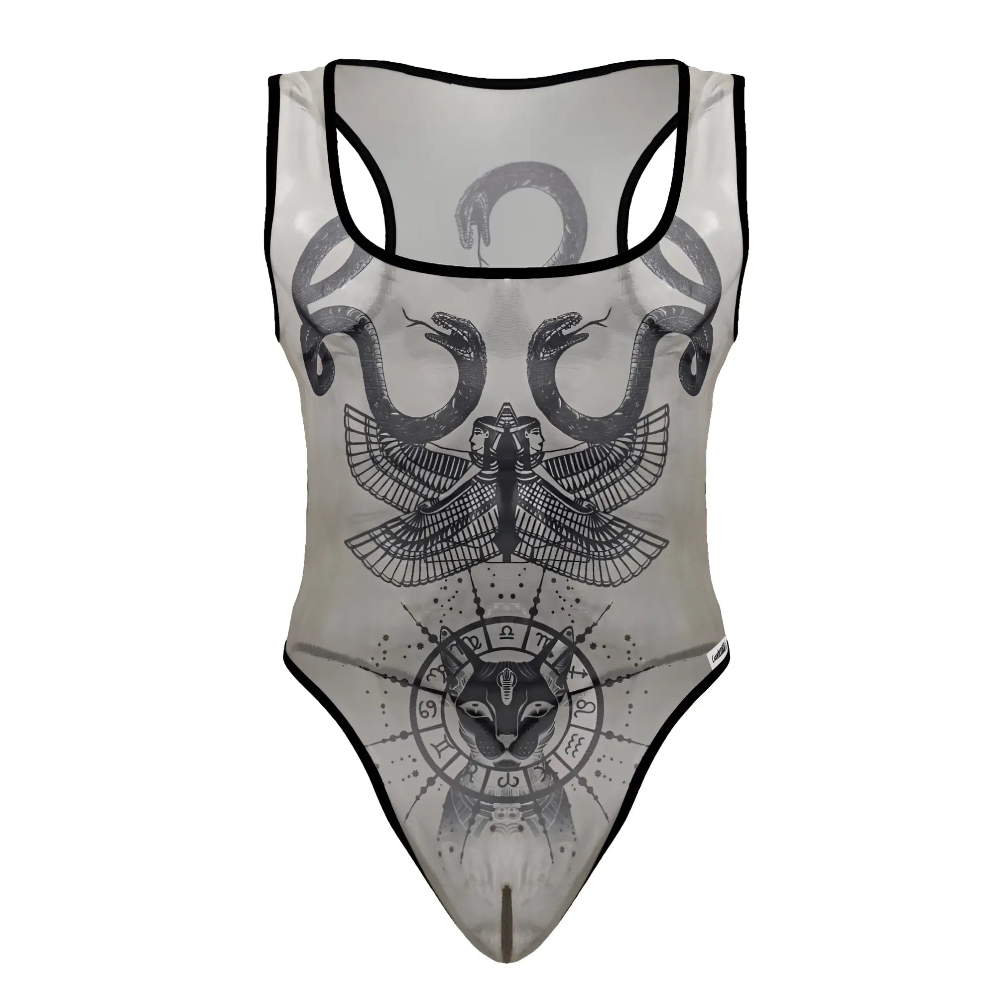 Sheer black-trimmed candy man 99869 egyptian bodysuit nude-black with snake eagle cat graphic and zodiac symbols