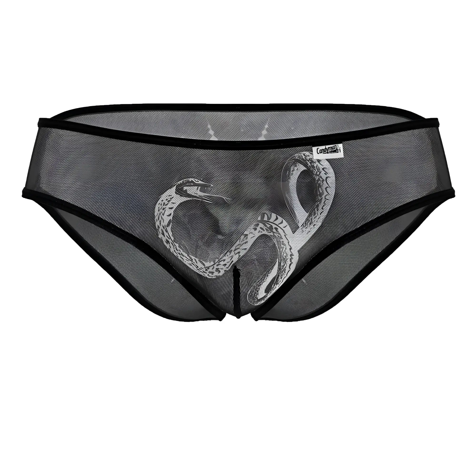 Black mesh CandyMan 99871 Egyptian briefs with a detailed white snake design on the front in black and white color