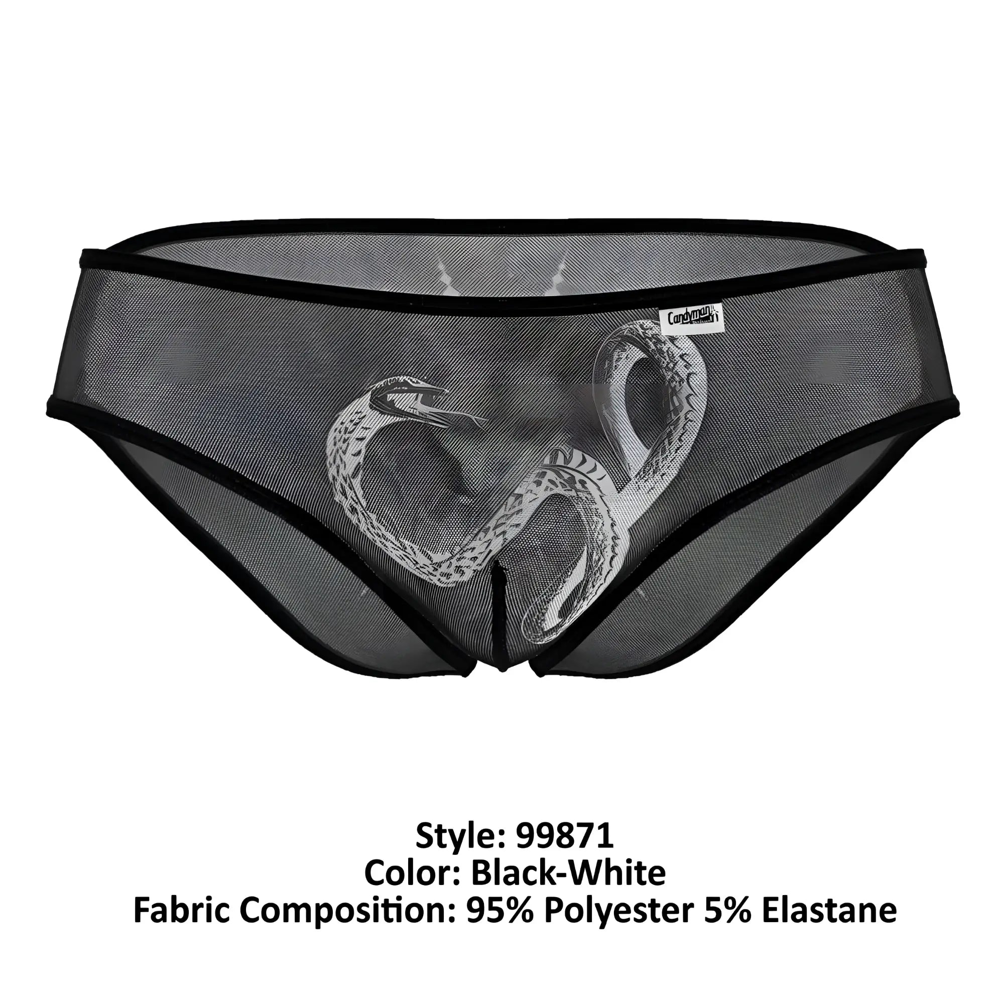 CandyMan 99871 black mesh briefs with white snake design made from 95 polyester 5 elastane for comfort