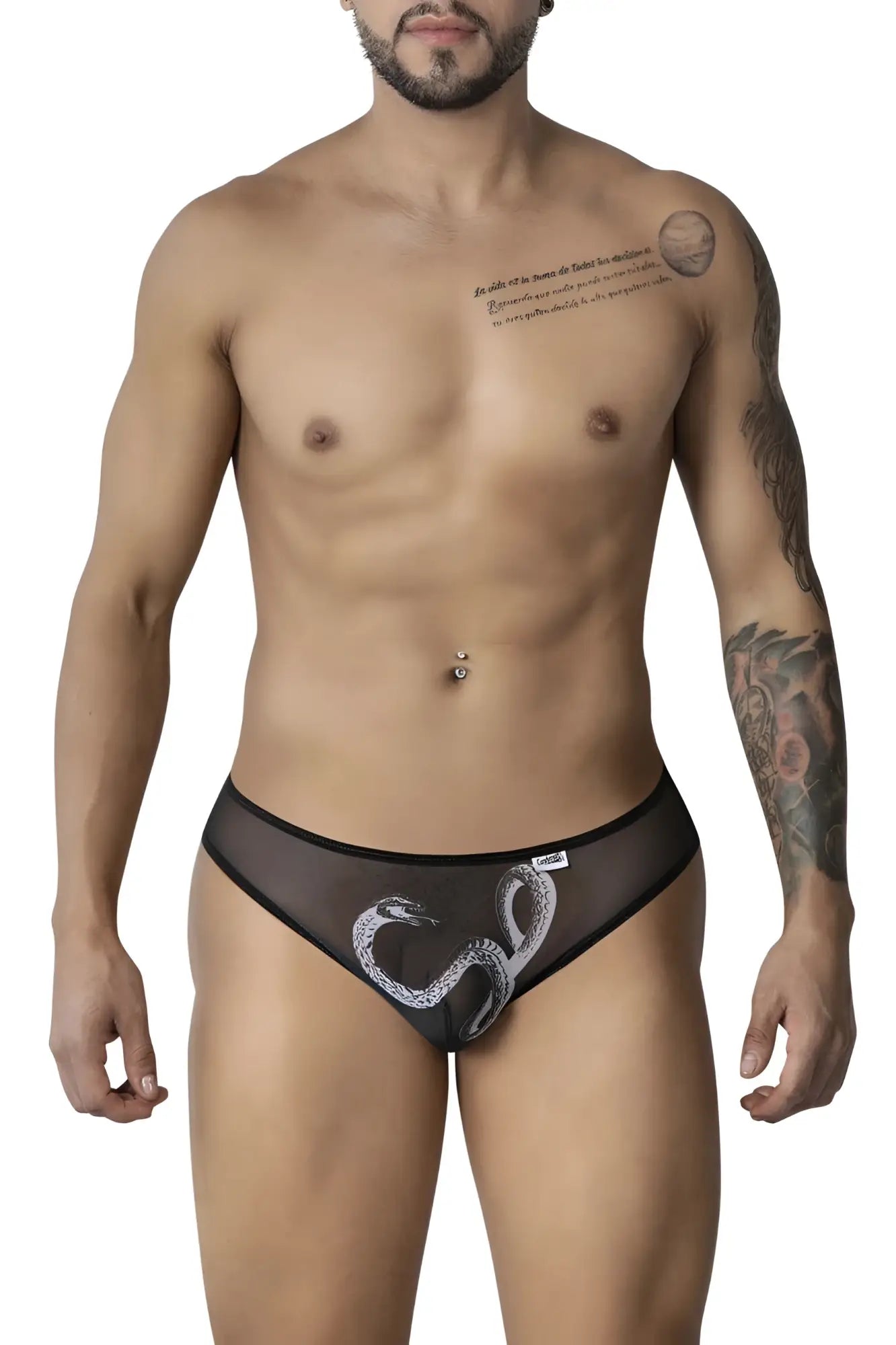 Black sheer mesh briefs with white embroidered snake design from Candyman 99871 Egyptian Briefs in black-white color