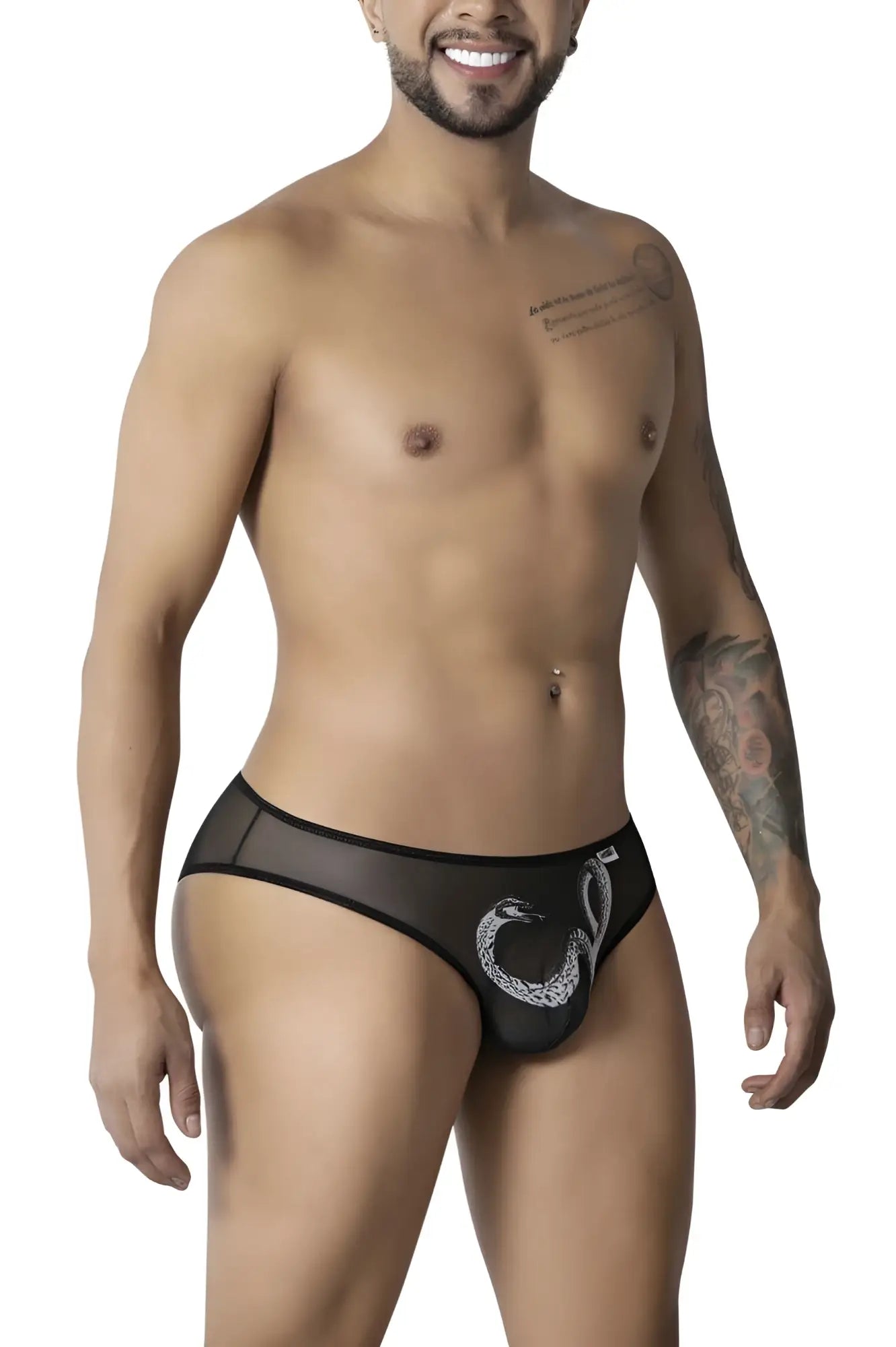 Black sheer mesh briefs with white embroidered snake design from candyman 99871 egyptian briefs collection