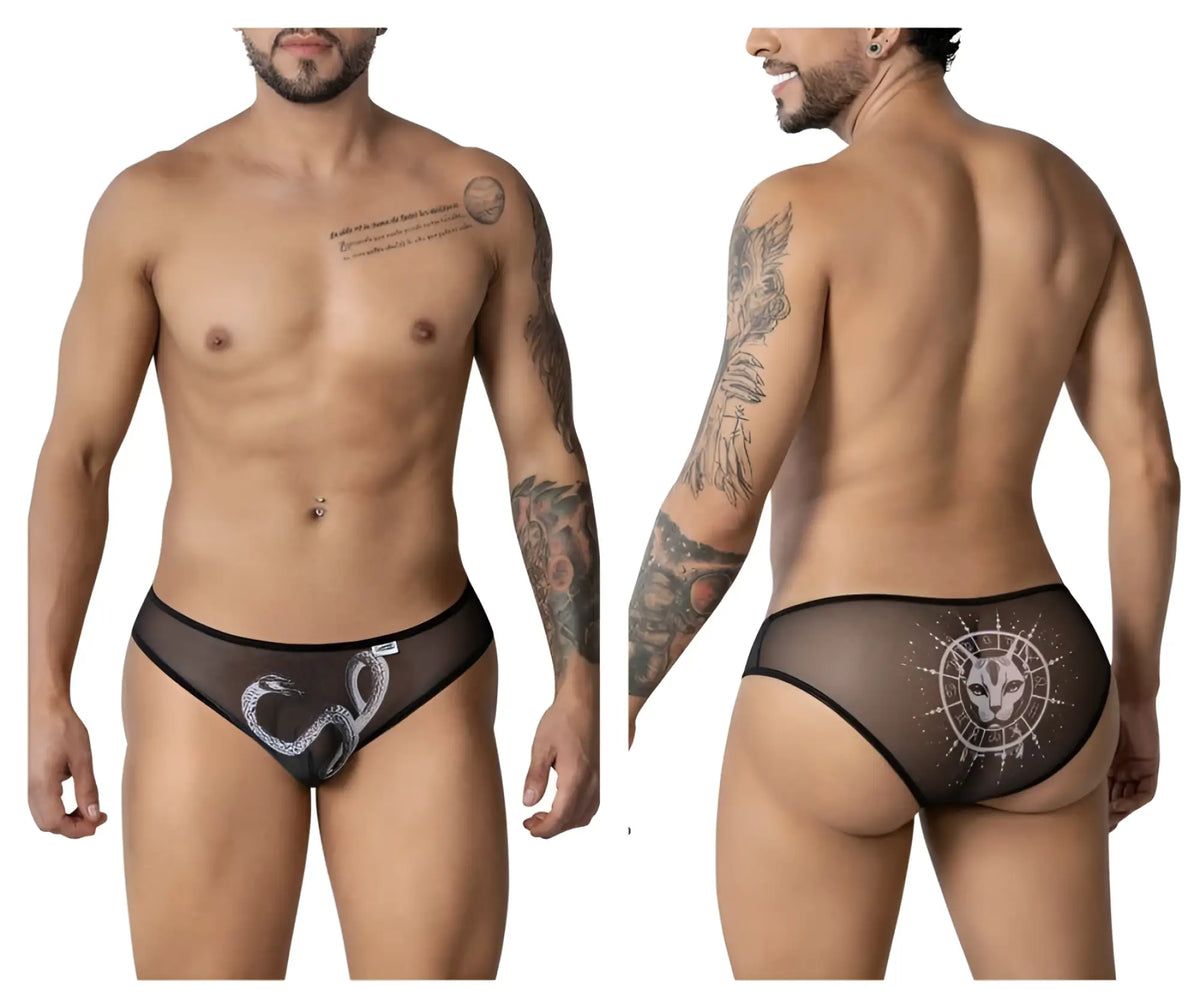Black sheer mesh briefs candyman 99871 with white snake front design and white feline face emblem on the back view