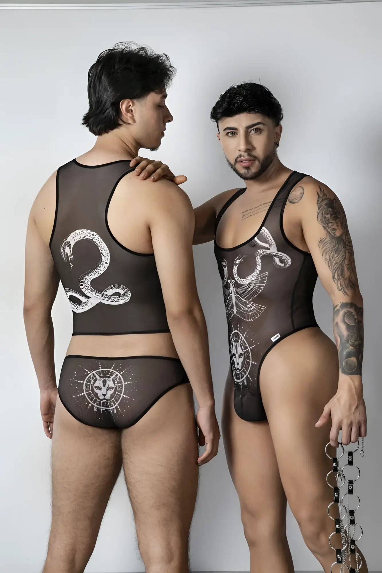 Black sheer mesh two-piece set with white intricate snake and eagle designs candyMan 99871 Egyptian briefs
