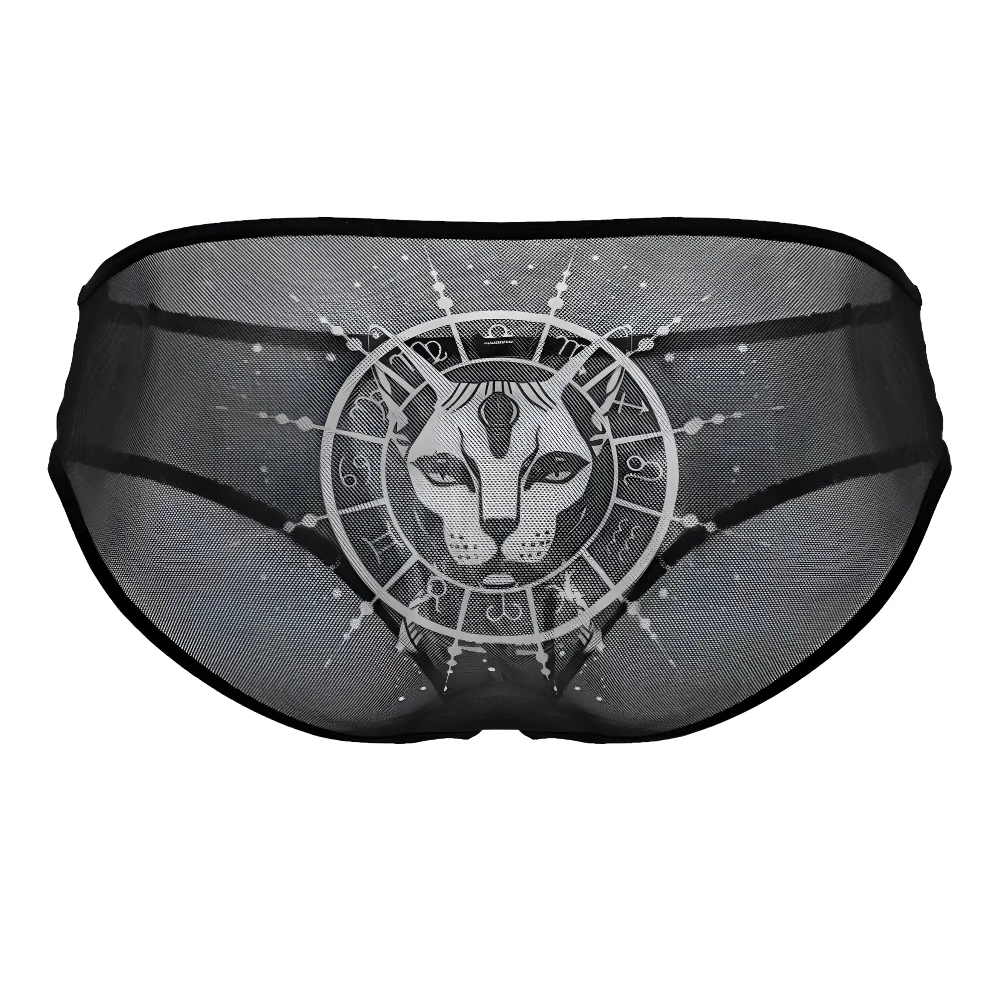 Black sheer mesh briefs with white egyptian cat face and zodiac symbols candyman 99871 in black-white