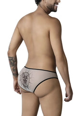Beige candy man 99871 egyptian men’s briefs with black trim and zodiac style animal face graphic design
