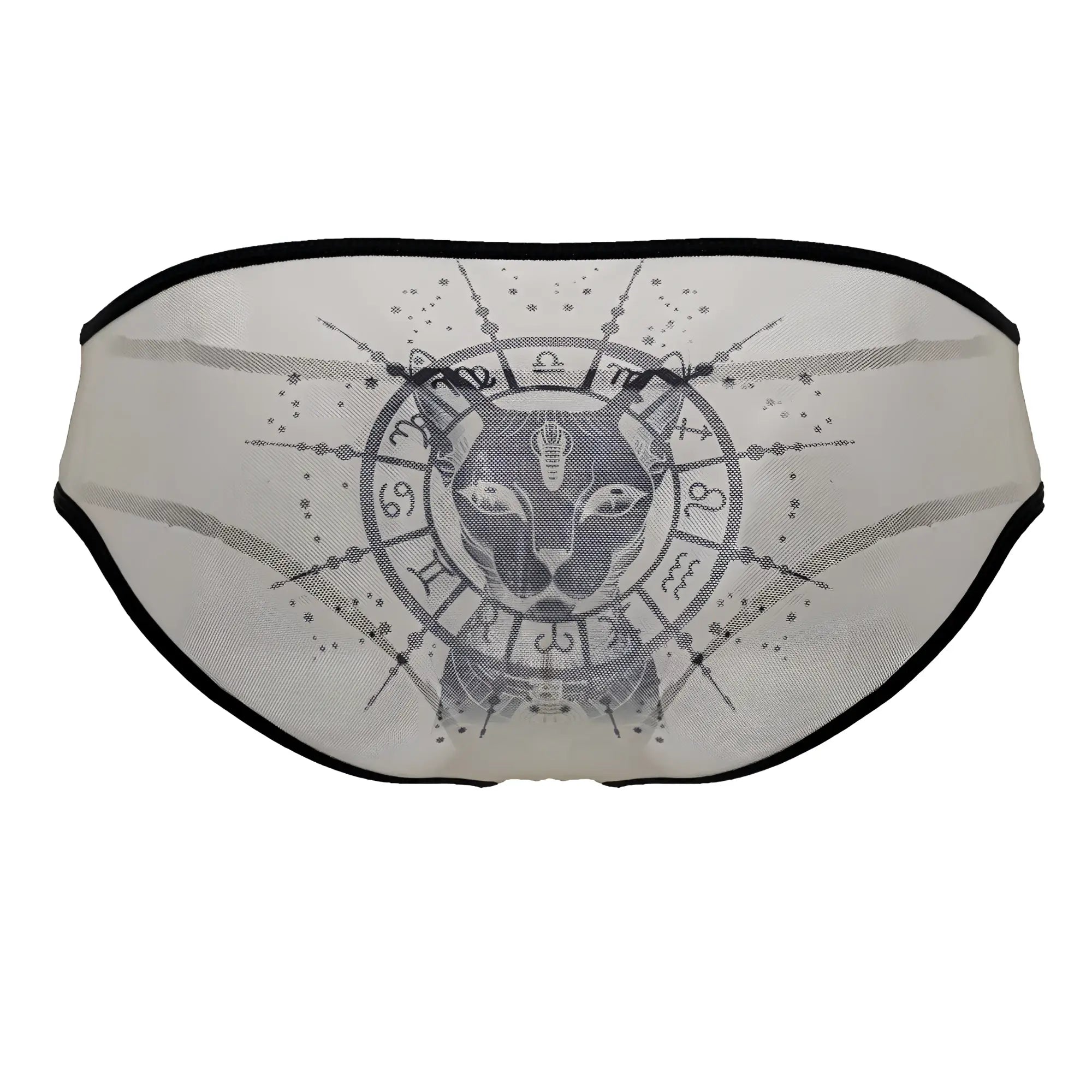 CandyMan 99871 egyptian briefs nude-black sheer white mesh with black trim and gray egyptian cat zodiac graphic