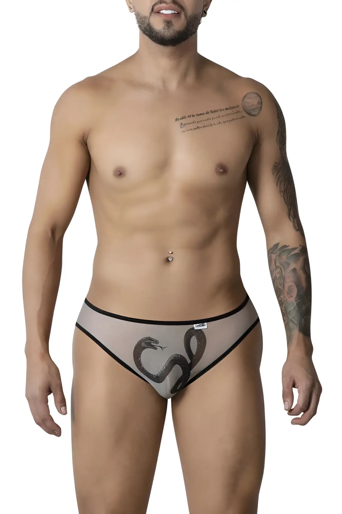 CandyMan 99871 Egyptian briefs in nude-black sheer fabric with black snake design and contrasting black trim