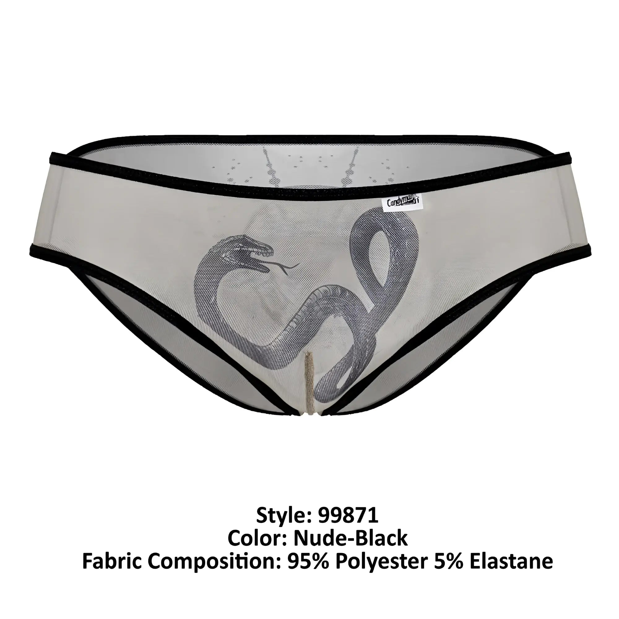 CandyMan 99871 Egyptian briefs nude black sheer mesh with detailed black snake graphic and contrasting black trim