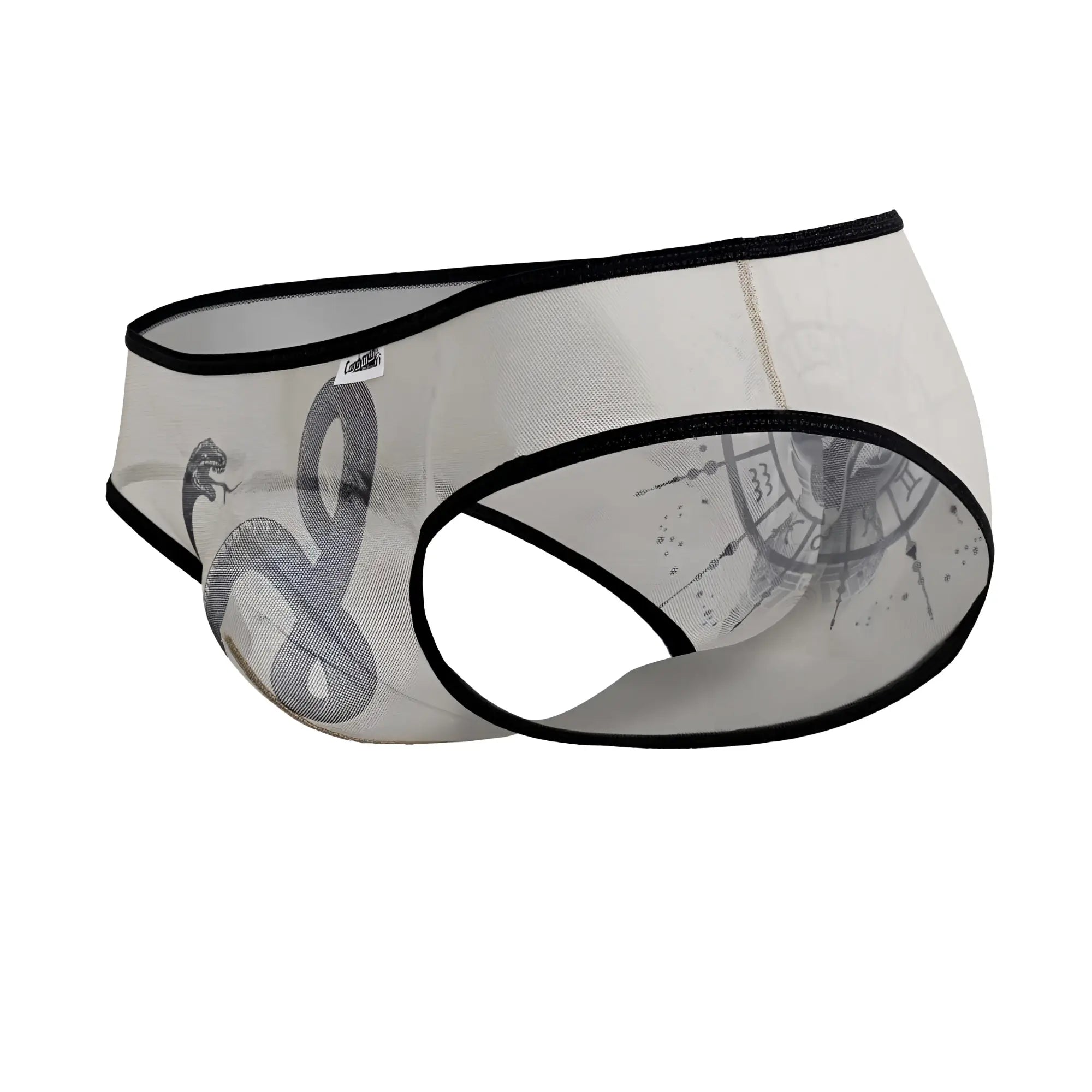 Transparent mesh briefs with black trim and gray snake design candy man 99871 egyptian briefs nude black color