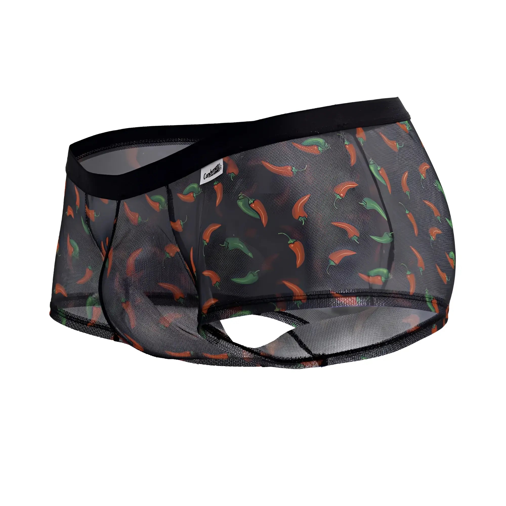 Black mesh CandyMan 99873 chili pepper trunks featuring a playful orange and green chili pepper print