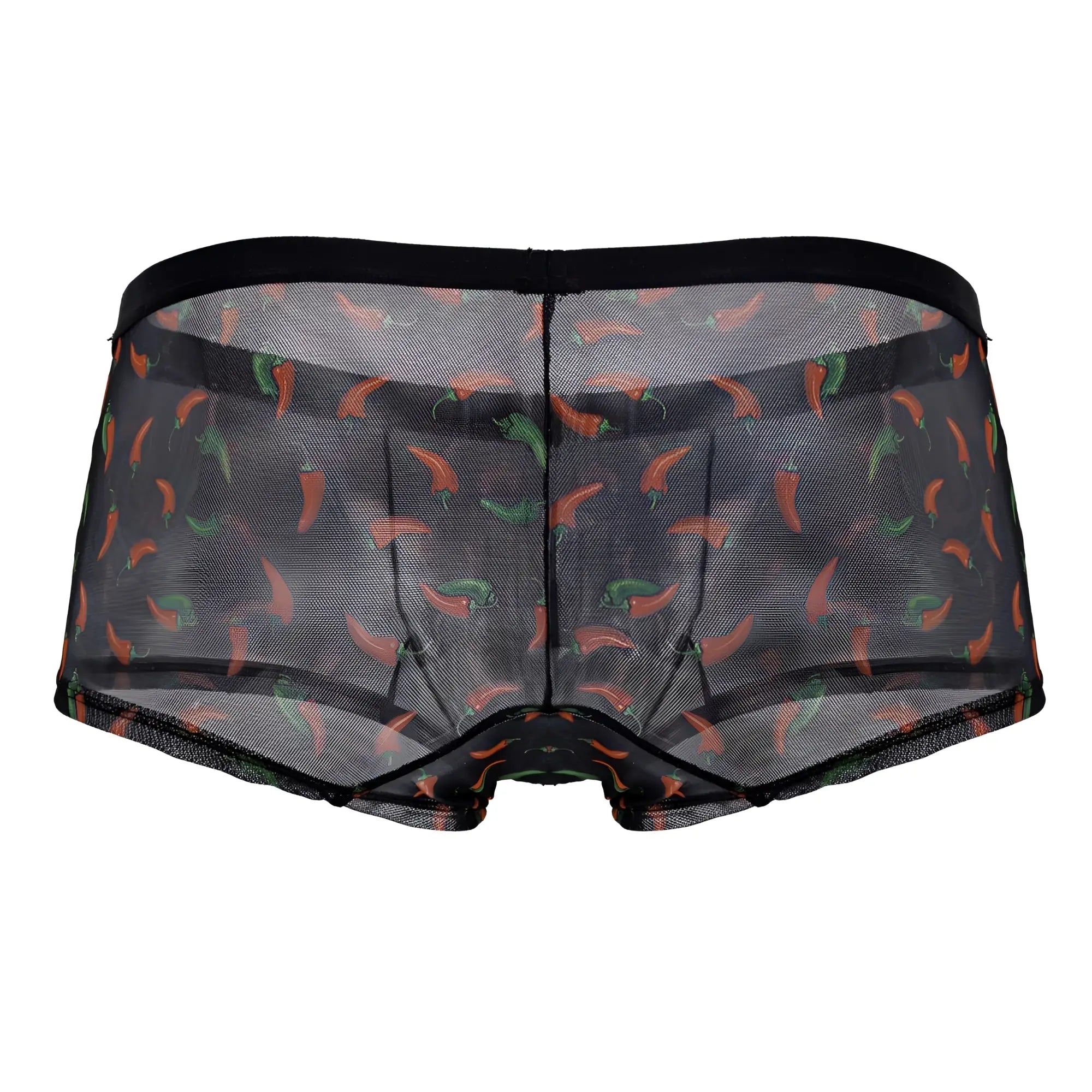 Black mesh candy man 99873 chili pepper trunks featuring a playful orange and green chili pepper pattern