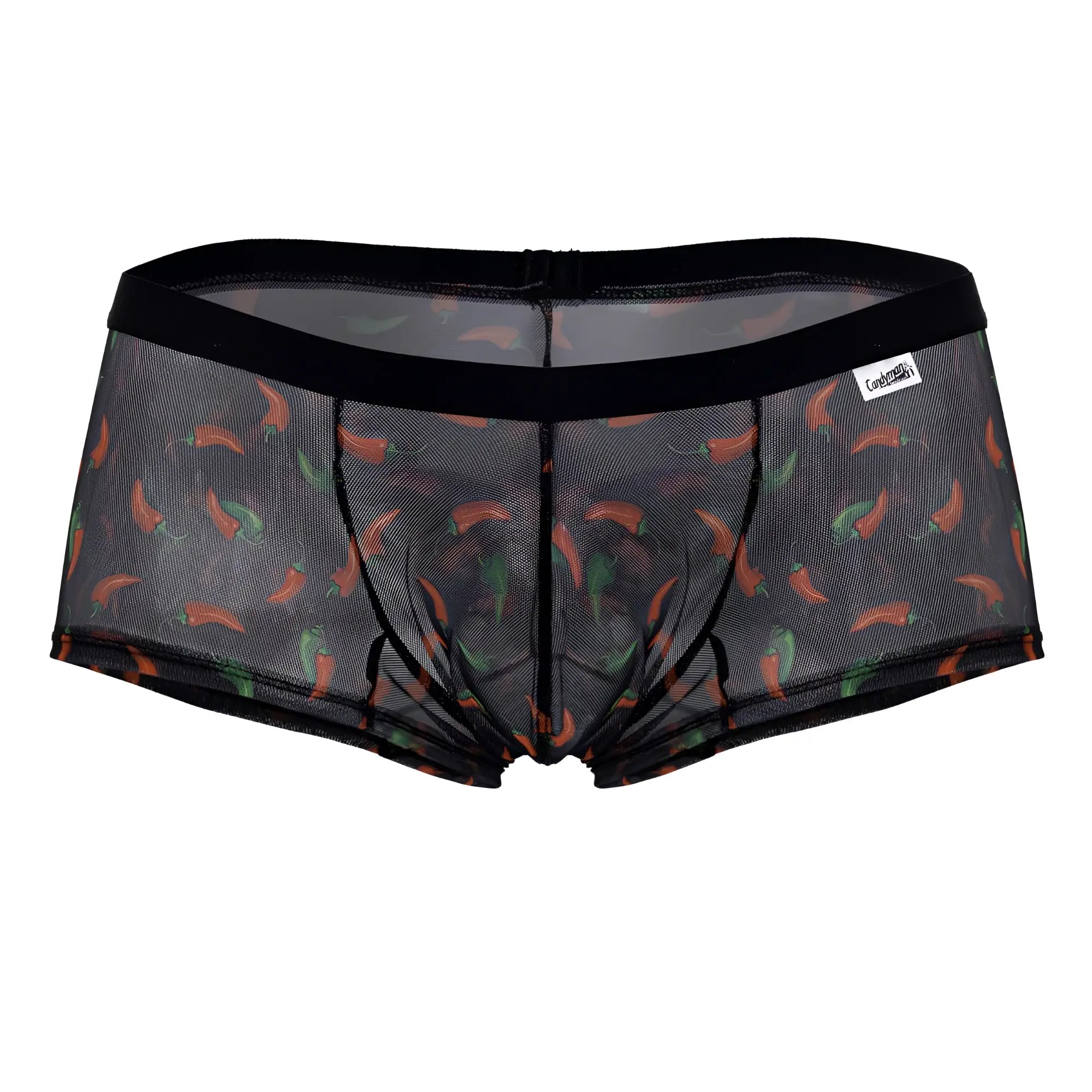 Black mesh CandyMan 99873 chili pepper trunks with orange and green chili pepper print briefs front view