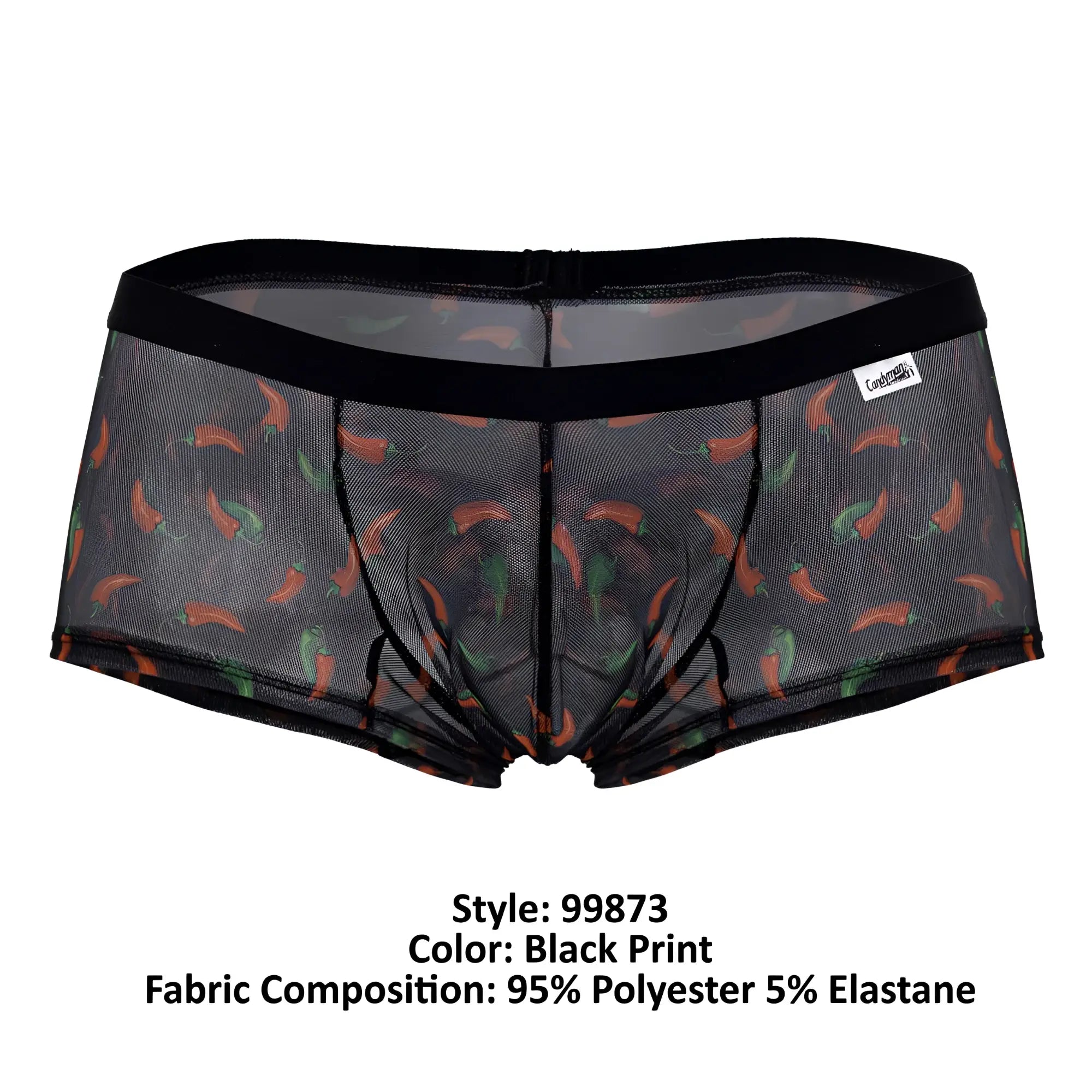 Black mesh CandyMan 99873 chili pepper trunks featuring vibrant orange and green chili pepper print