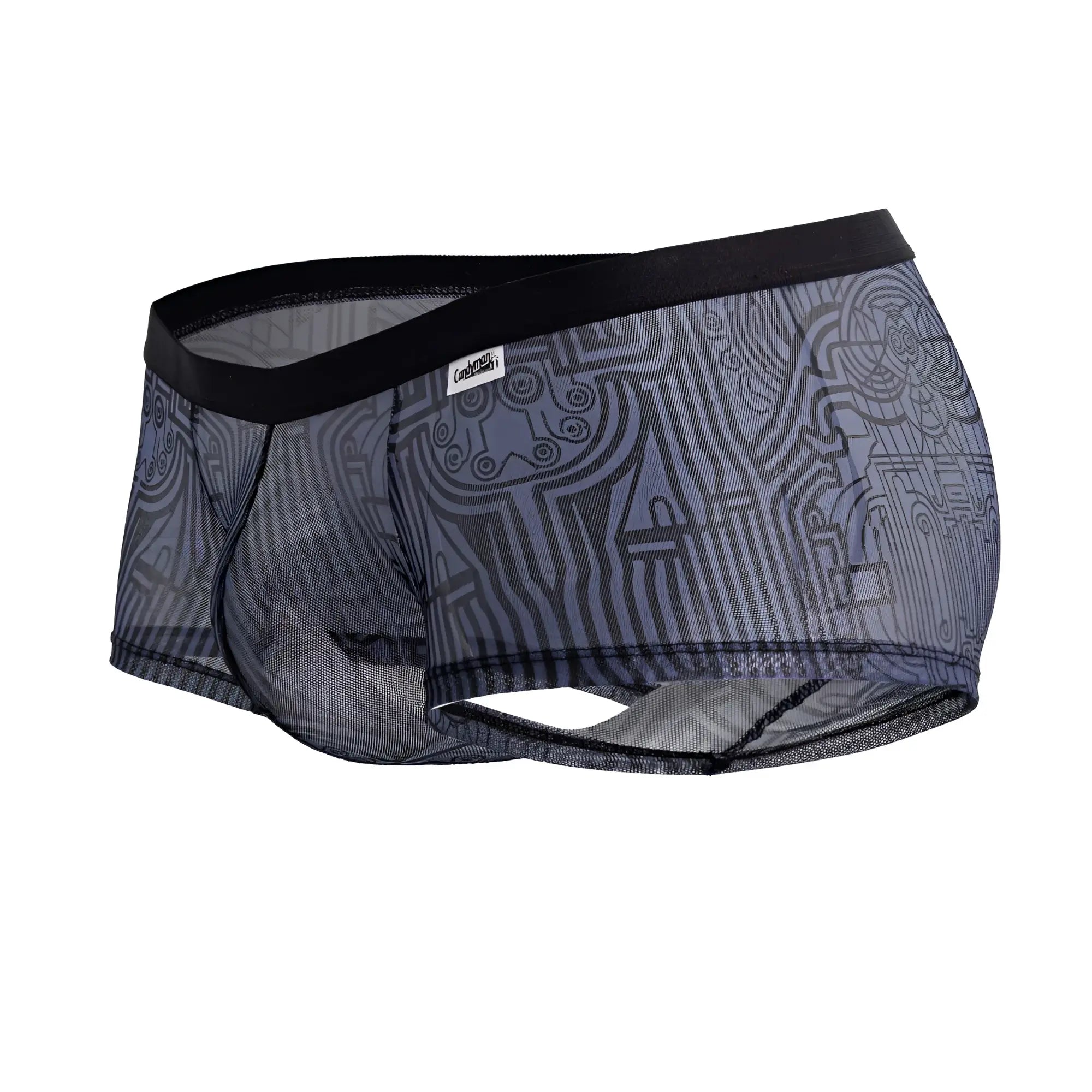 CandyMan 99873 Egyptian trunks gray-black black and gray mesh briefs with intricate abstract pattern front view