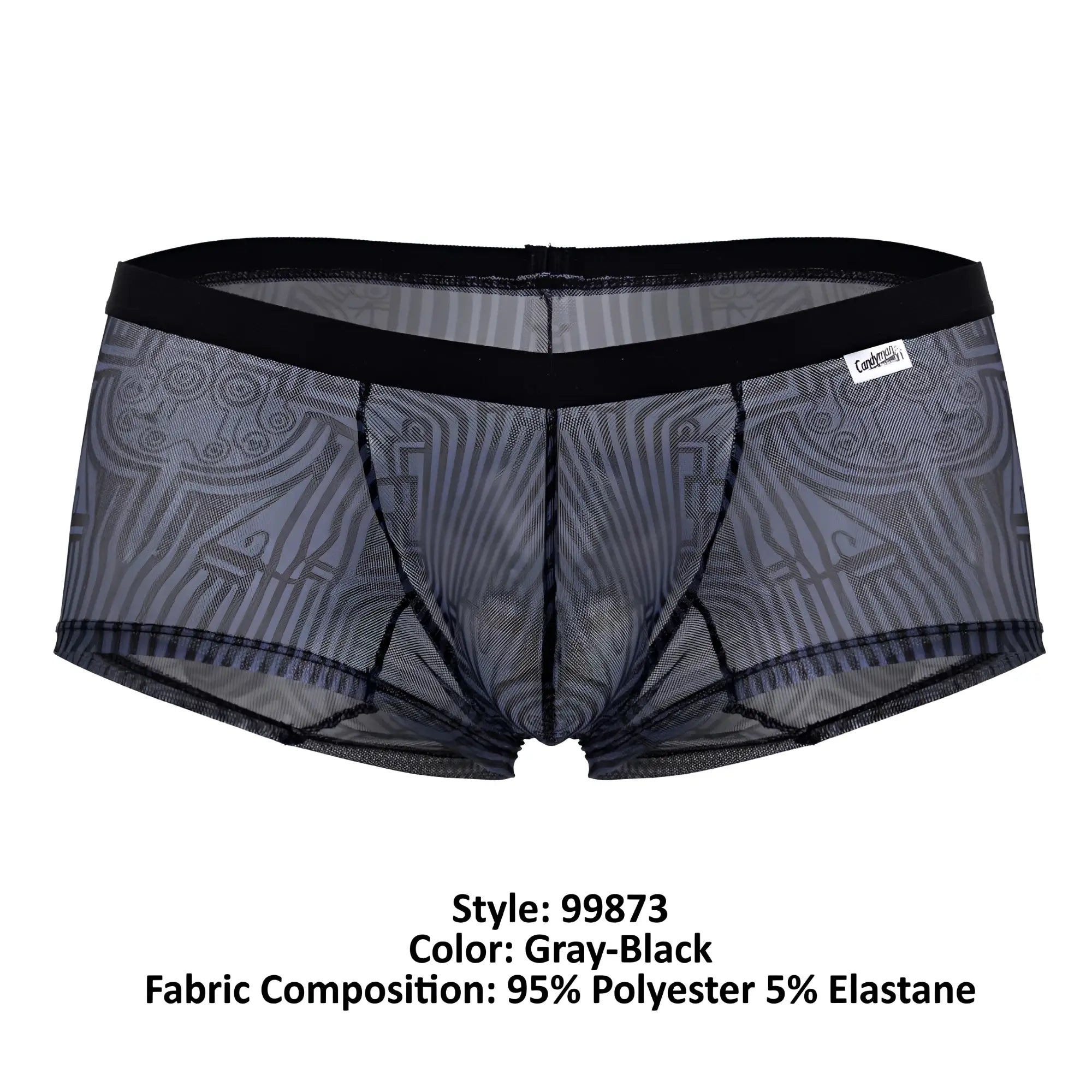 Gray-black candyMan 99873 Egyptian trunks sheer mesh briefs with black elastic waistband and geometric patterns