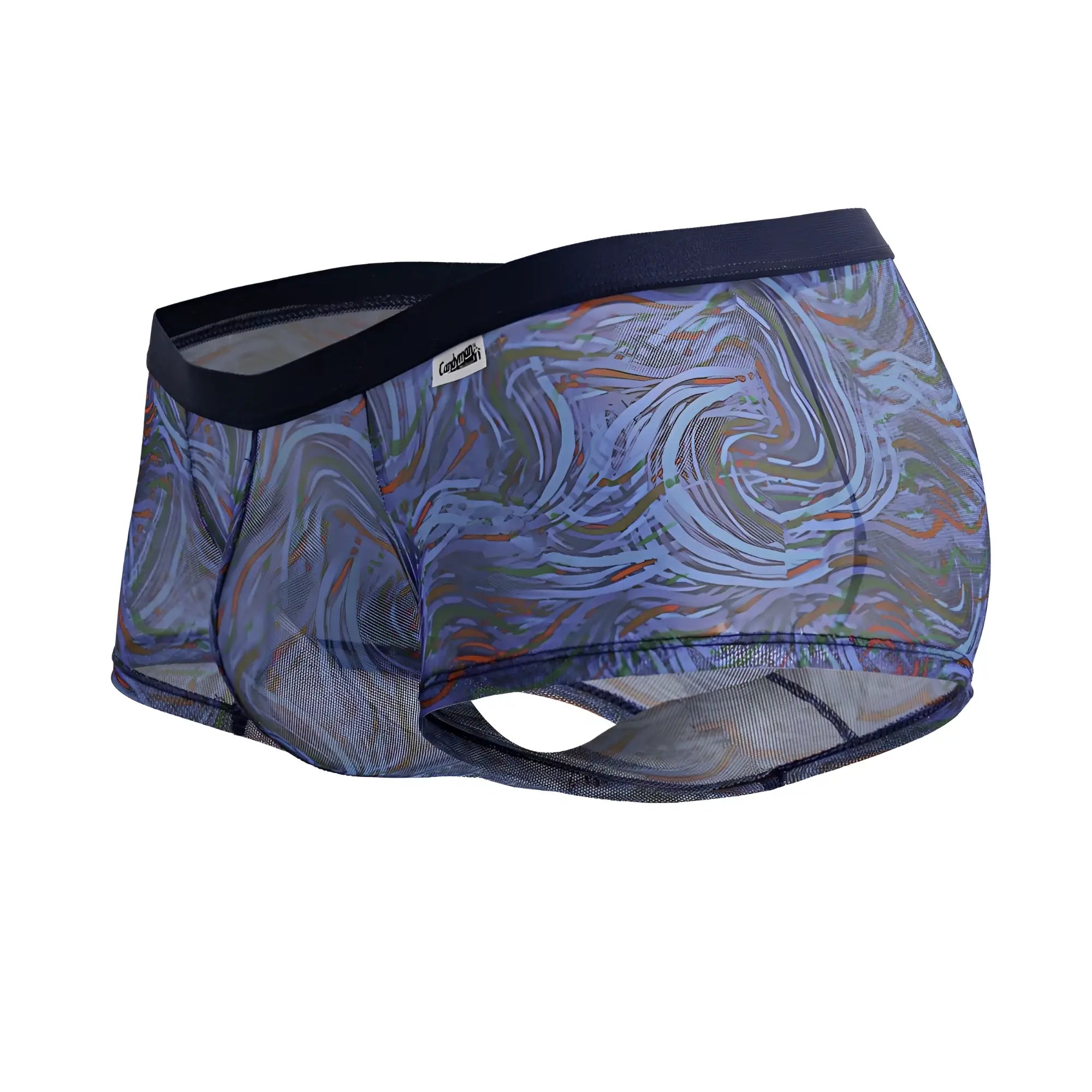 CandyMan 99873 seawater trunks men’s briefs with blue and gray swirling abstract pattern and black elastic waistband
