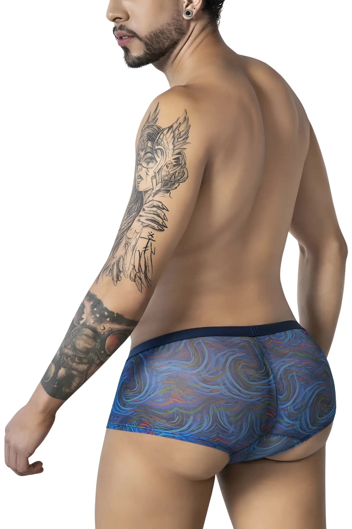 CandyMan 99873 seawater trunks men’s briefs with blue and purple swirl pattern and dark blue waistband