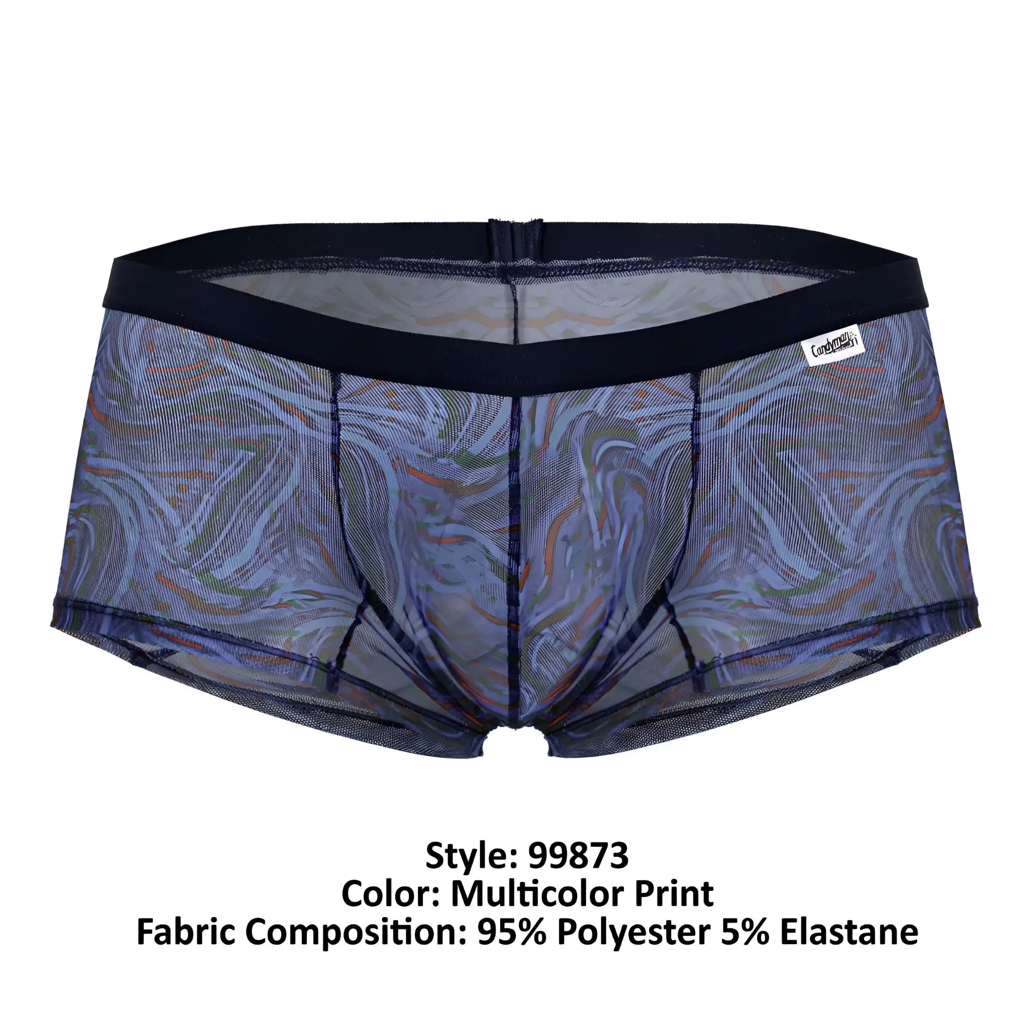Candyman 99873 seawater trunks multicolor print mesh briefs with multicolored marble pattern and black elastic waistband