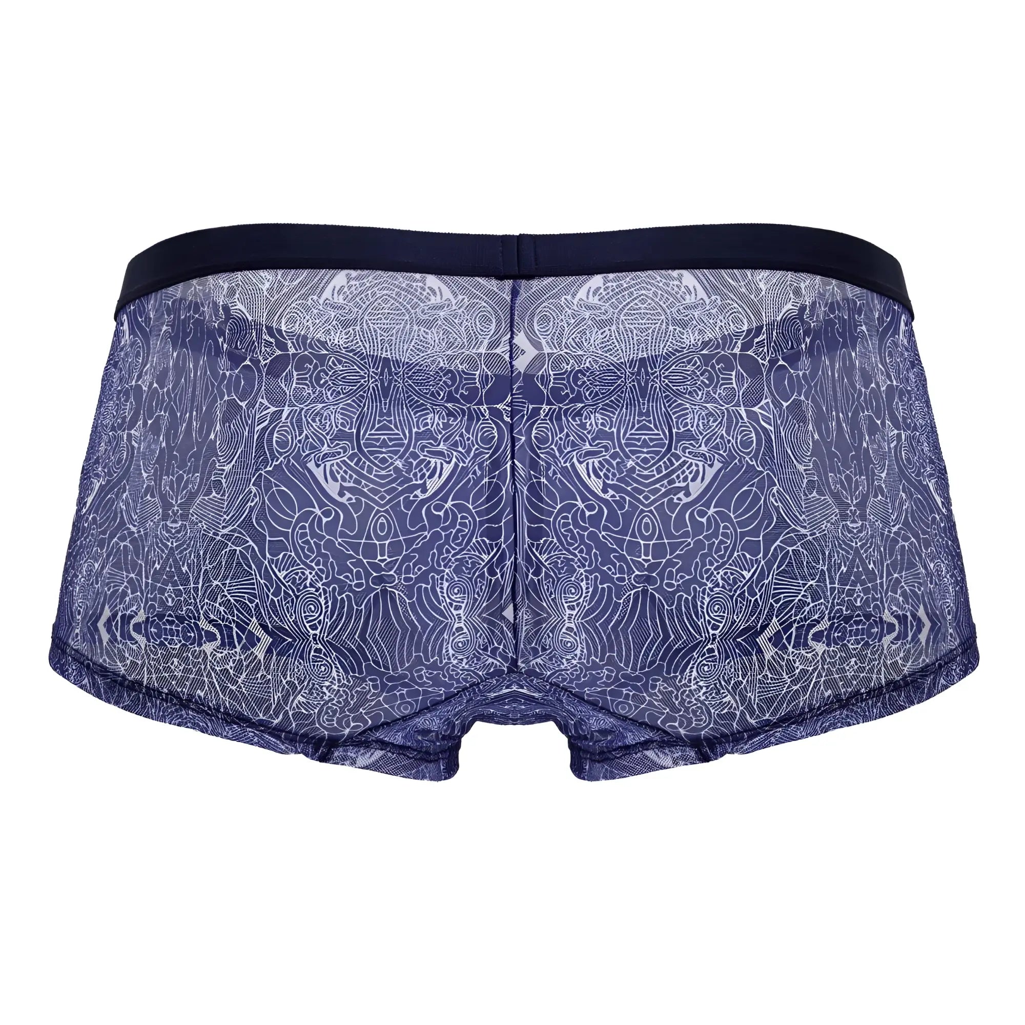 Blue-white candyMan 99873 water prints trunks featuring blue lace boxer briefs with white intricate pattern and navy waistband