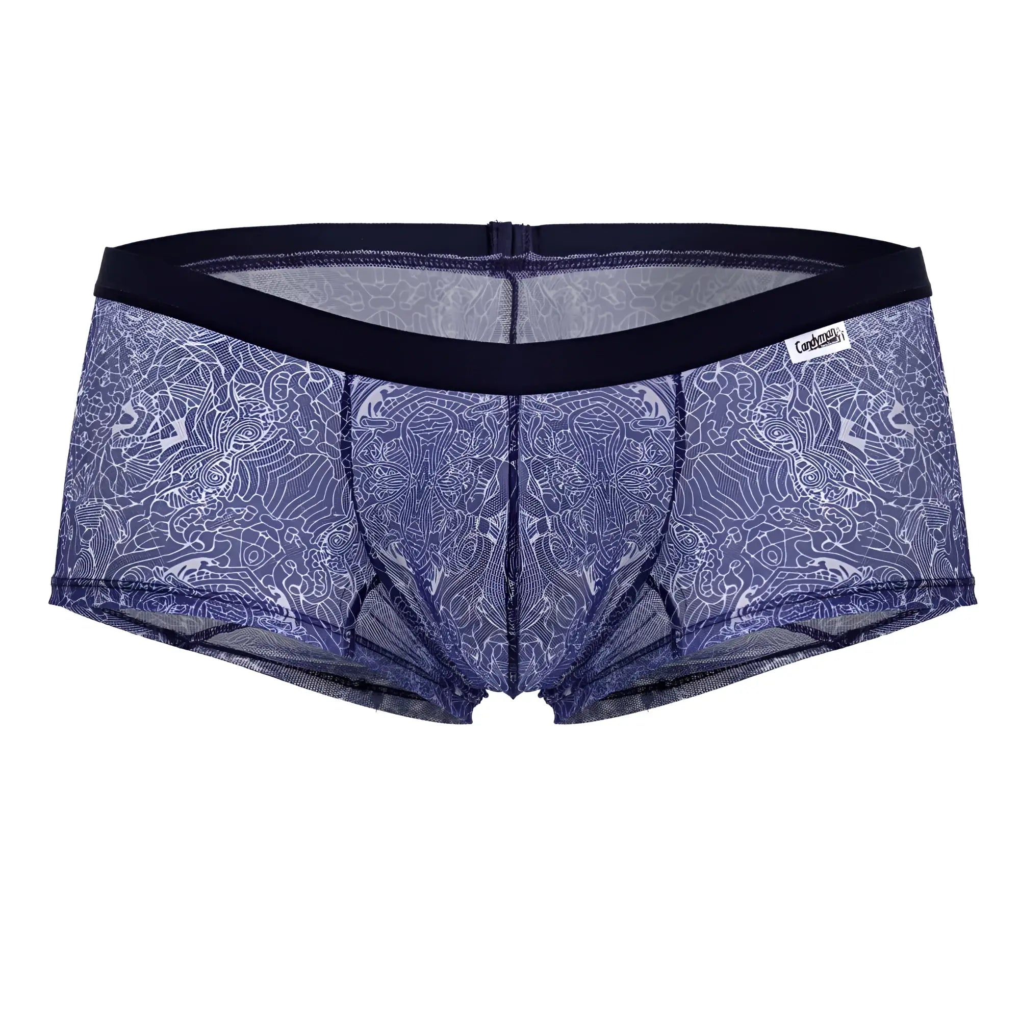 Blue lace-patterned CandyMan 99873 men’s briefs with black elastic waistband in blue-white water prints