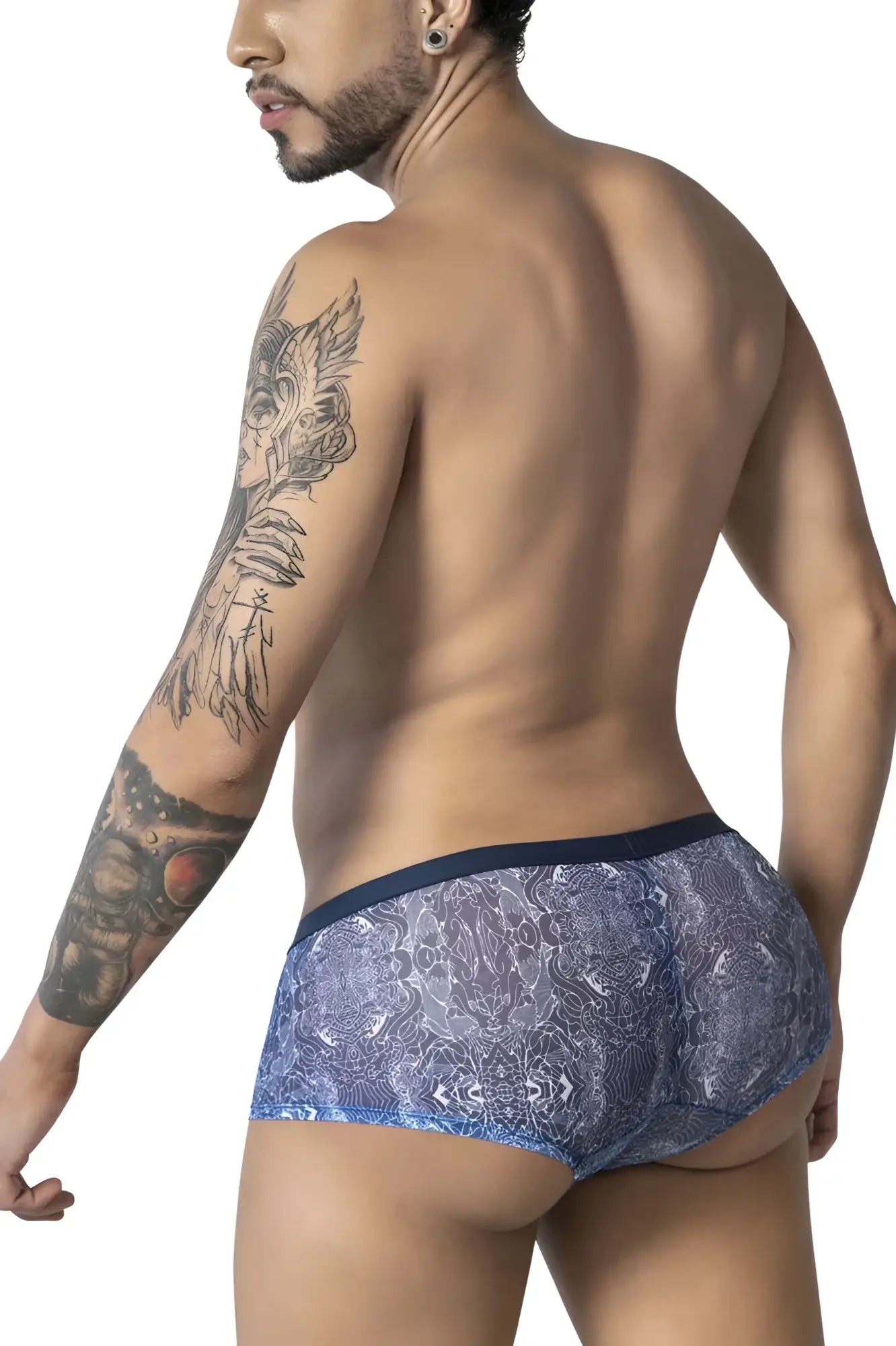 Blue lace-patterned mens briefs with dark blue waistband from Candyman 99873 water prints trunks in blue-white color