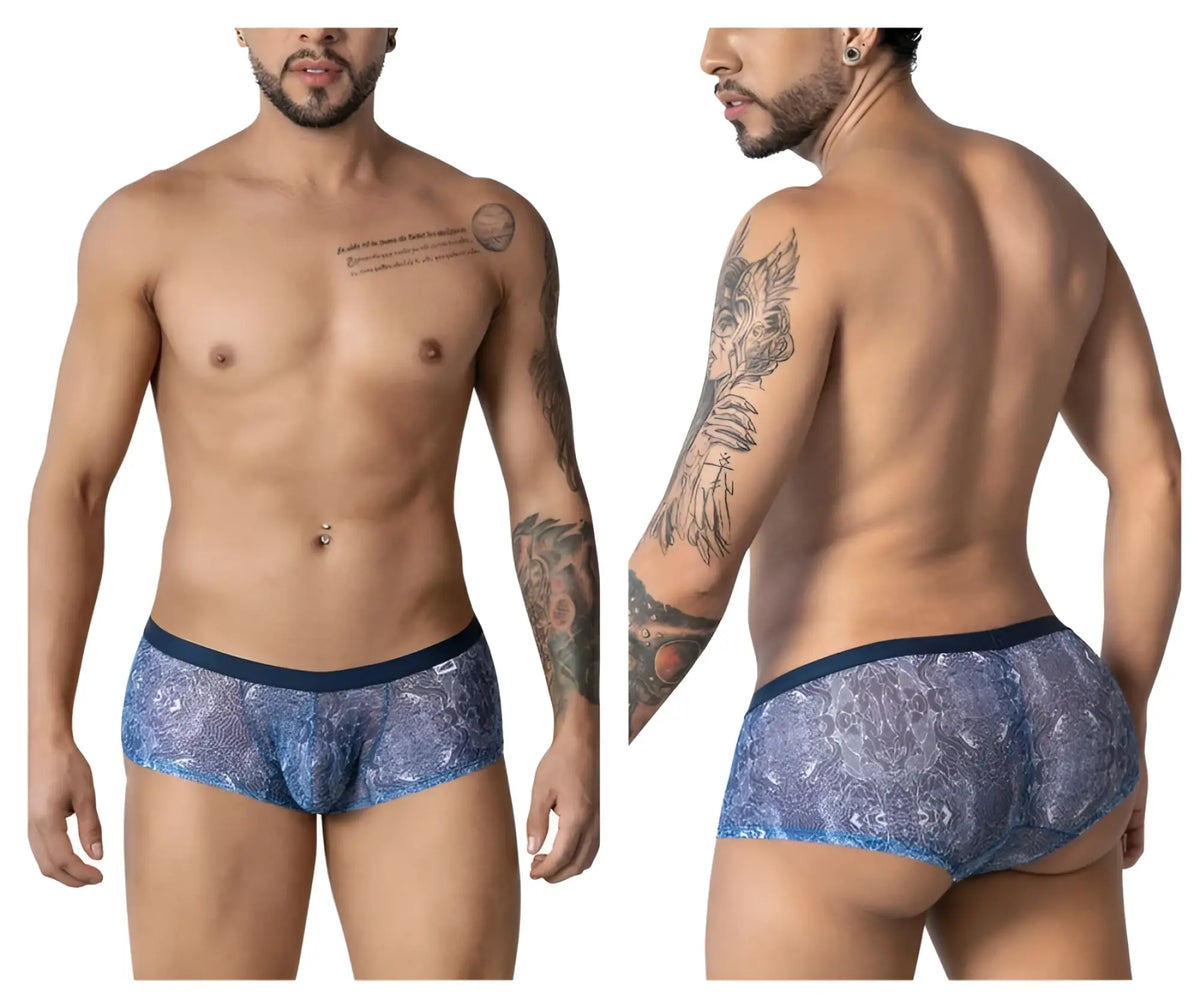 CandyMan 99873 blue-white men’s trunks with blue lace pattern and solid navy waistband