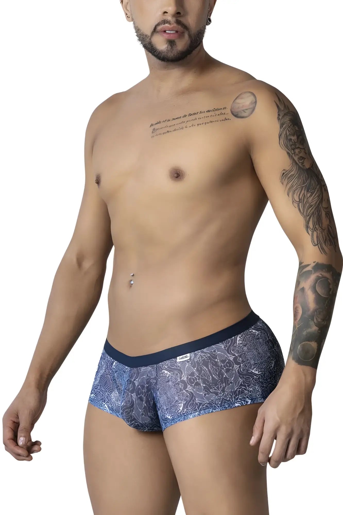 Blue patterned CandyMan 99873 water prints trunks with dark blue waistband in blue-white color for men