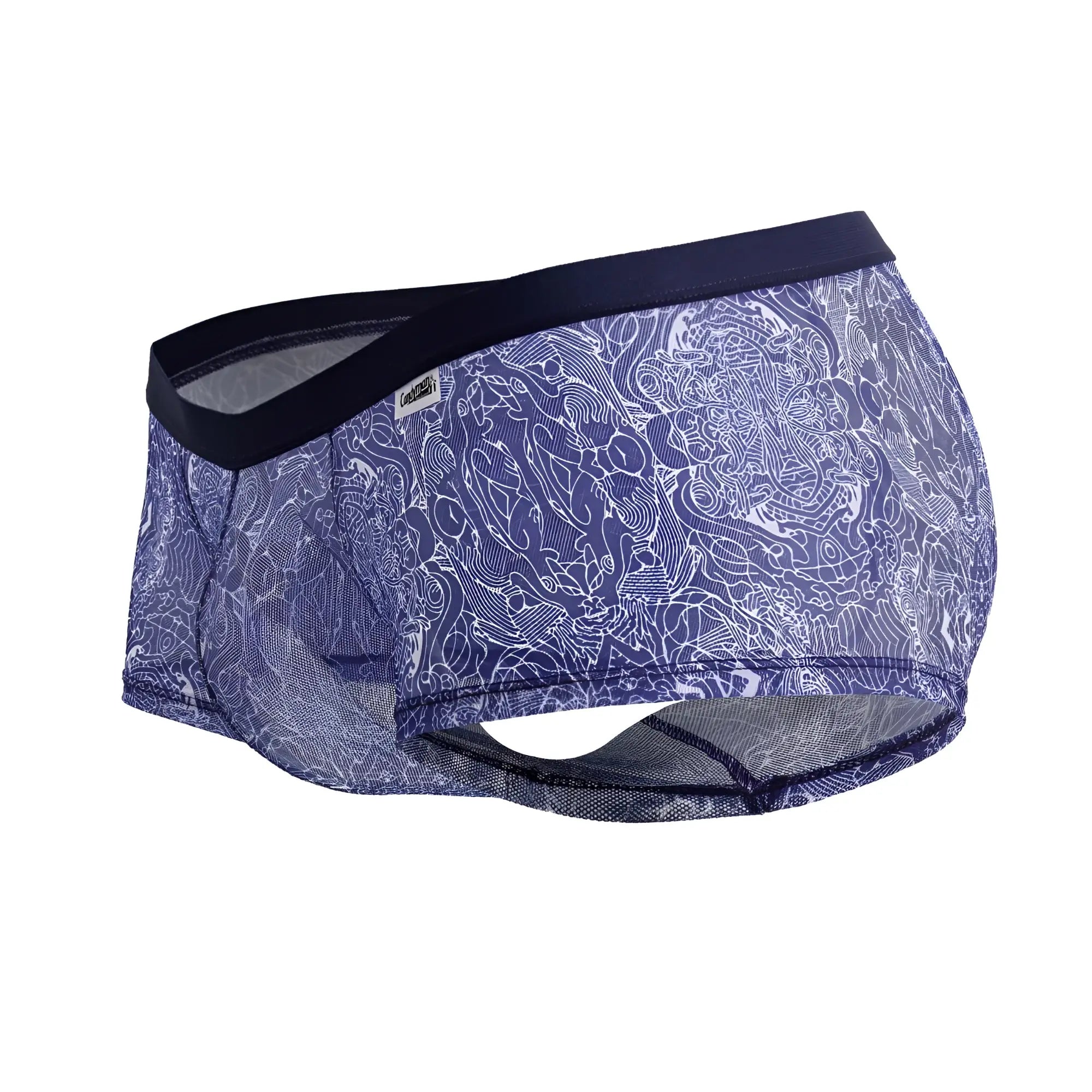 Candyman 99873 water prints blue white men’s briefs with intricate design and black elastic waistband