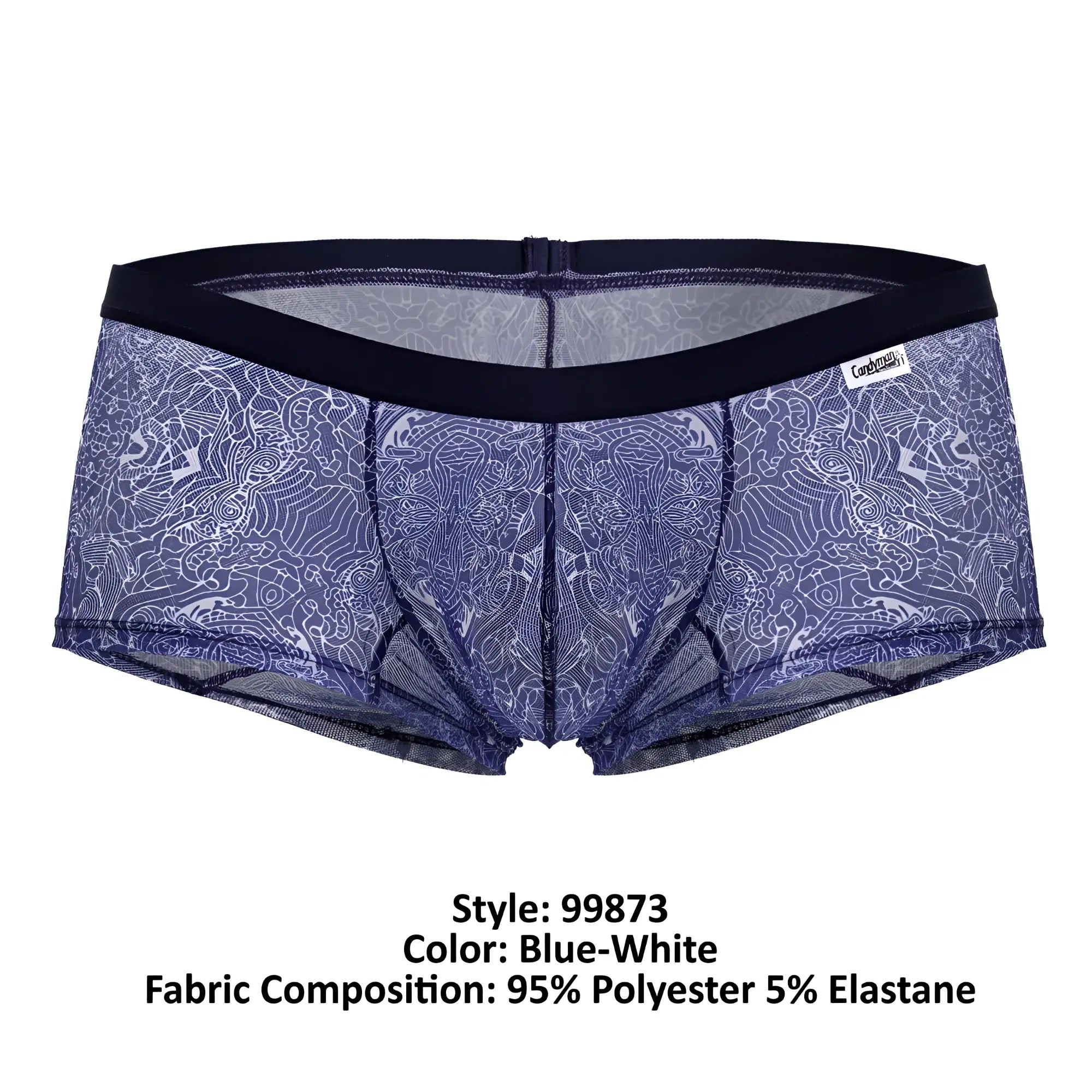 Candyman 99873 blue-white water prints trunks with blue-white patterned mesh and black elastic waistband