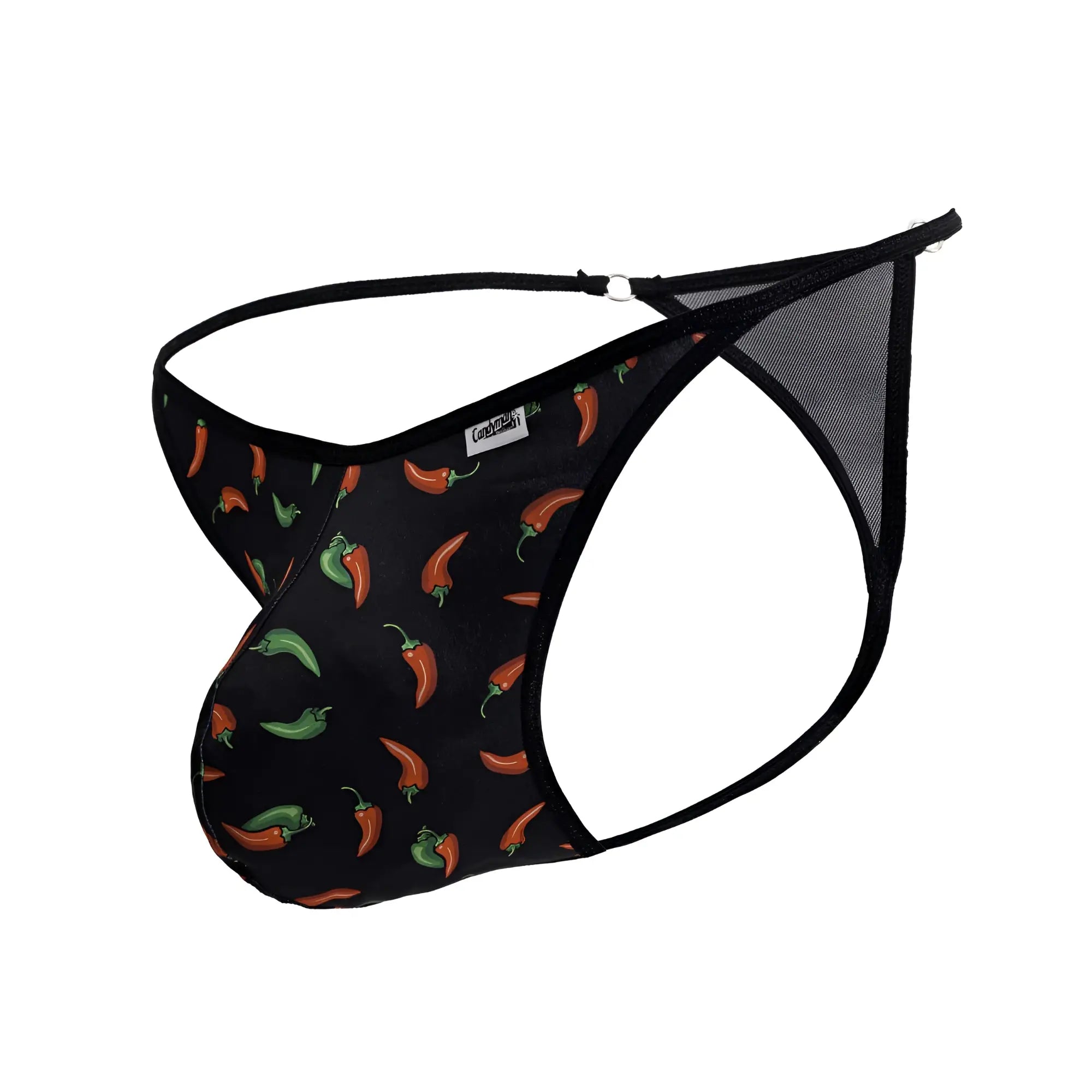 Black candyman 99875 thong with red and green chili pepper pattern and mesh side panels for men