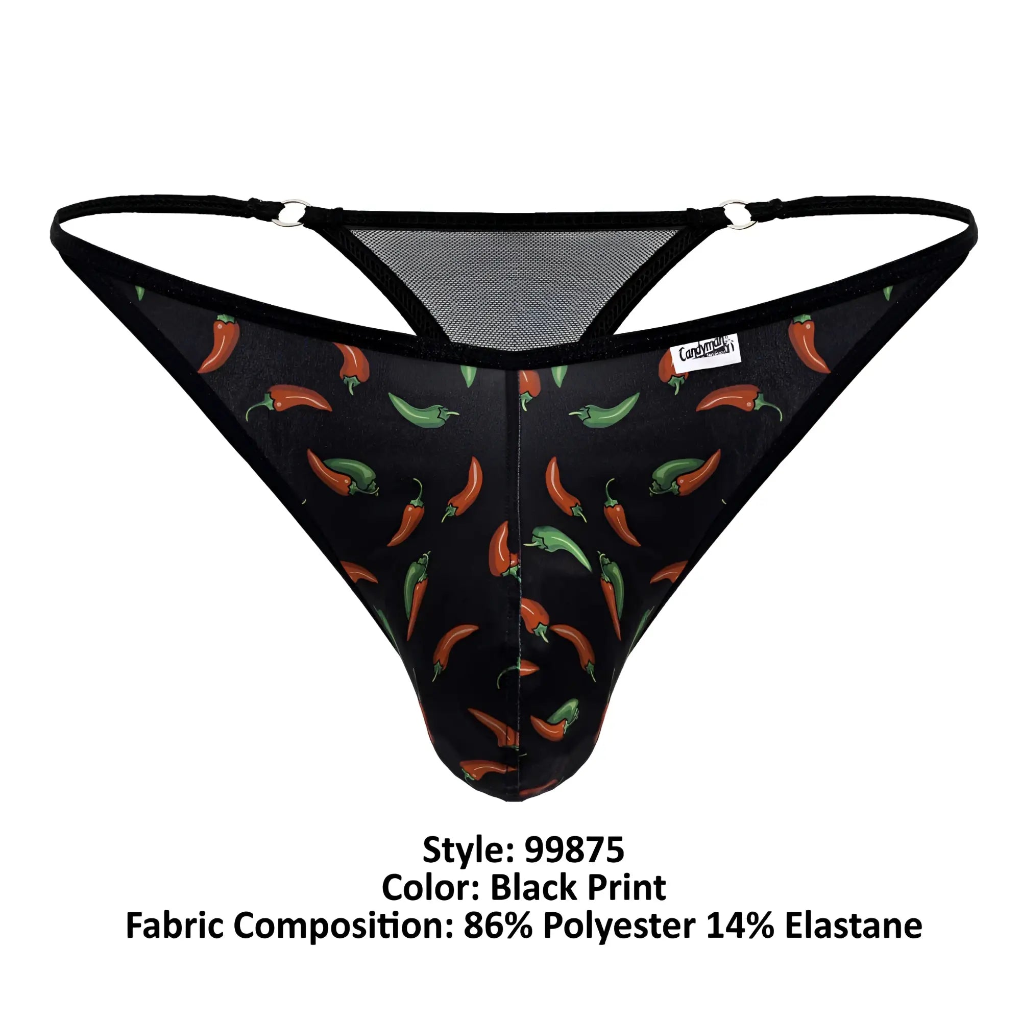 Black candyMan 99875 thong with red and green chili pepper print black elastic straps and mesh back detailing
