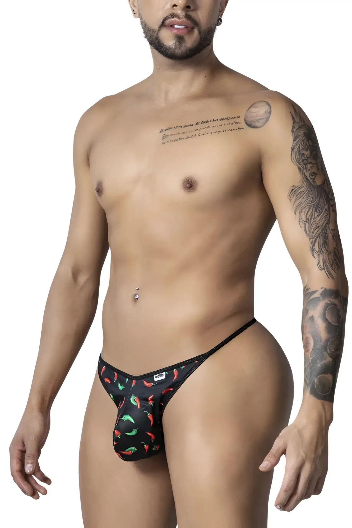 Black thong with candyMan 99875 chili pepper print featuring red and green peppers on black fabric