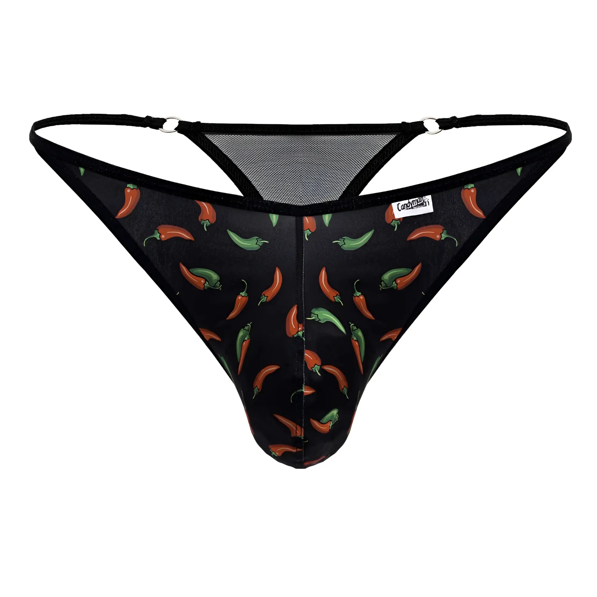 Black candyMan 99875 thong with red and green chili pepper print and mesh panels at the back
